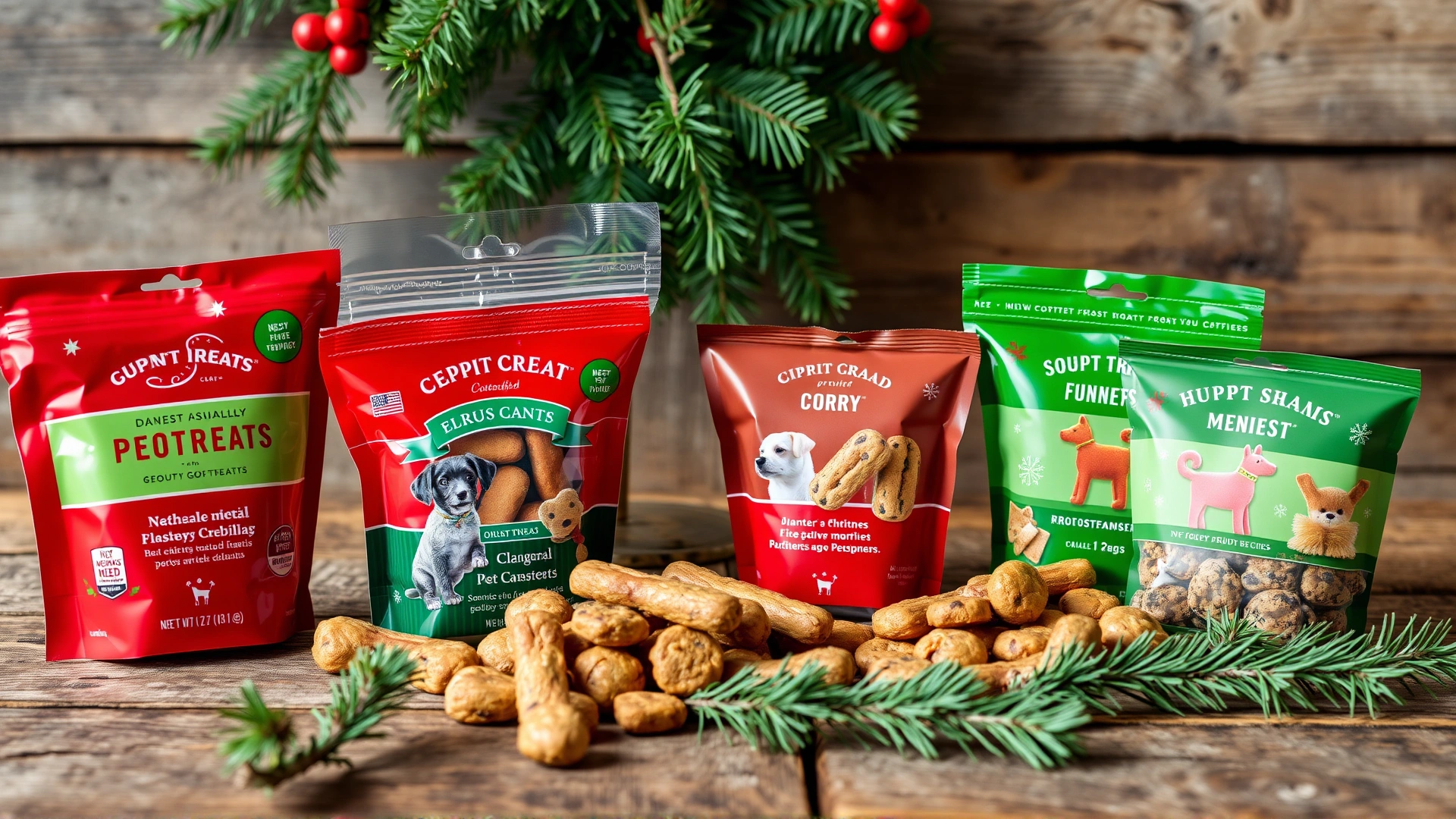 Variety of gourmet pet treats in red and green holiday packaging displayed on a rustic wooden table with pine branches.
