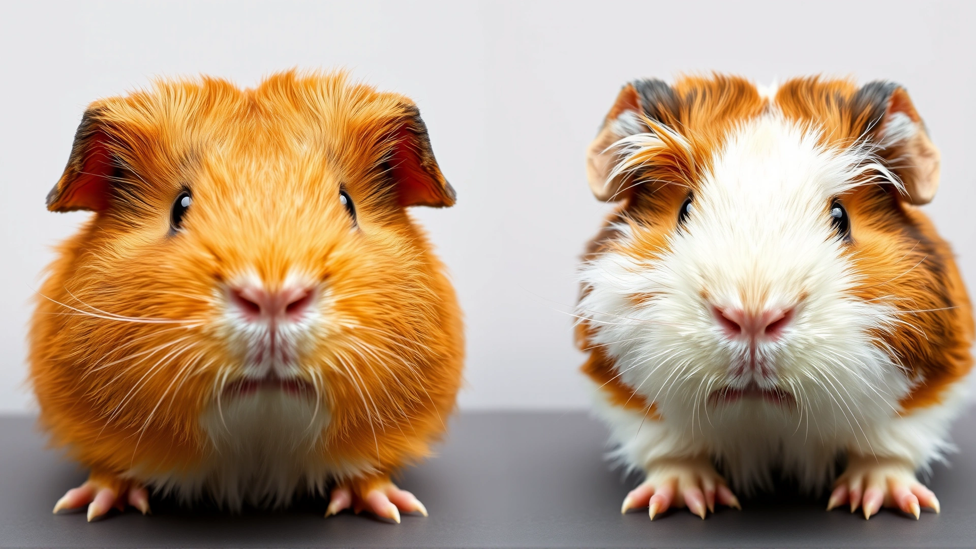 Split image showing a healthy bright-eyed guinea pig on one side and a lethargic, ruffled guinea pig with nasal discharge on the other, against a neutral background to visually compare health states.