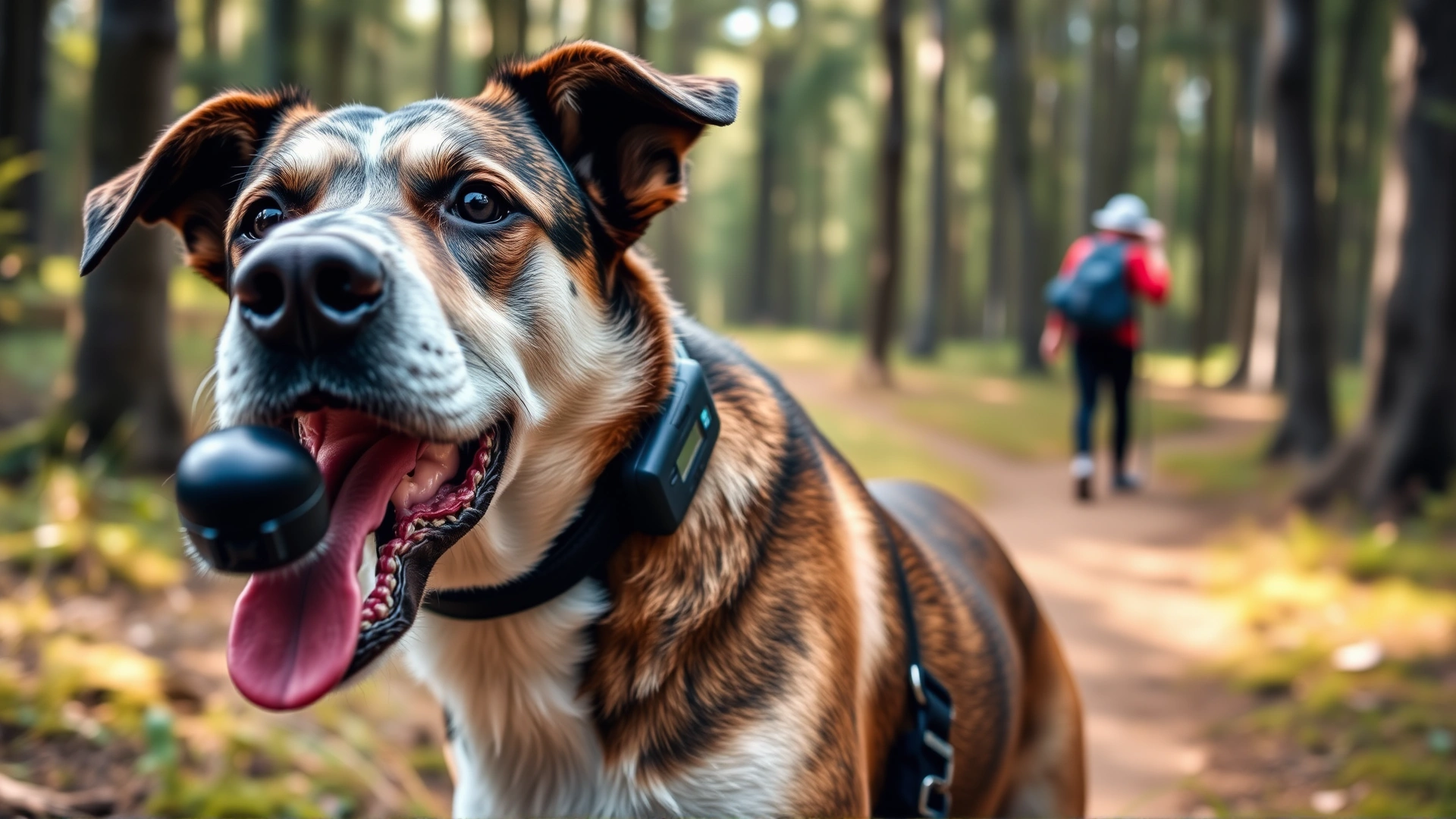 Medium-sized adventure dog wearing a rugged GPS tracking collar while hiking on a forest trail