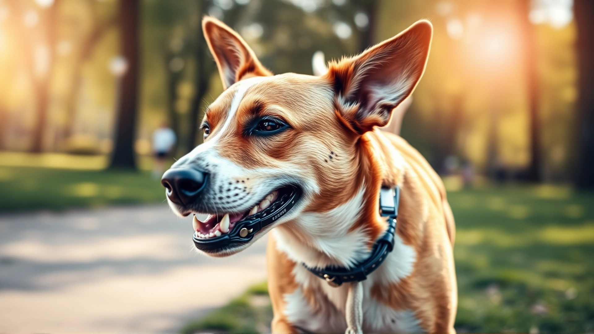Close-up of a dog running in a park while wearing a modern GPS activity tracker collar; sunny day; energetic atmosphere