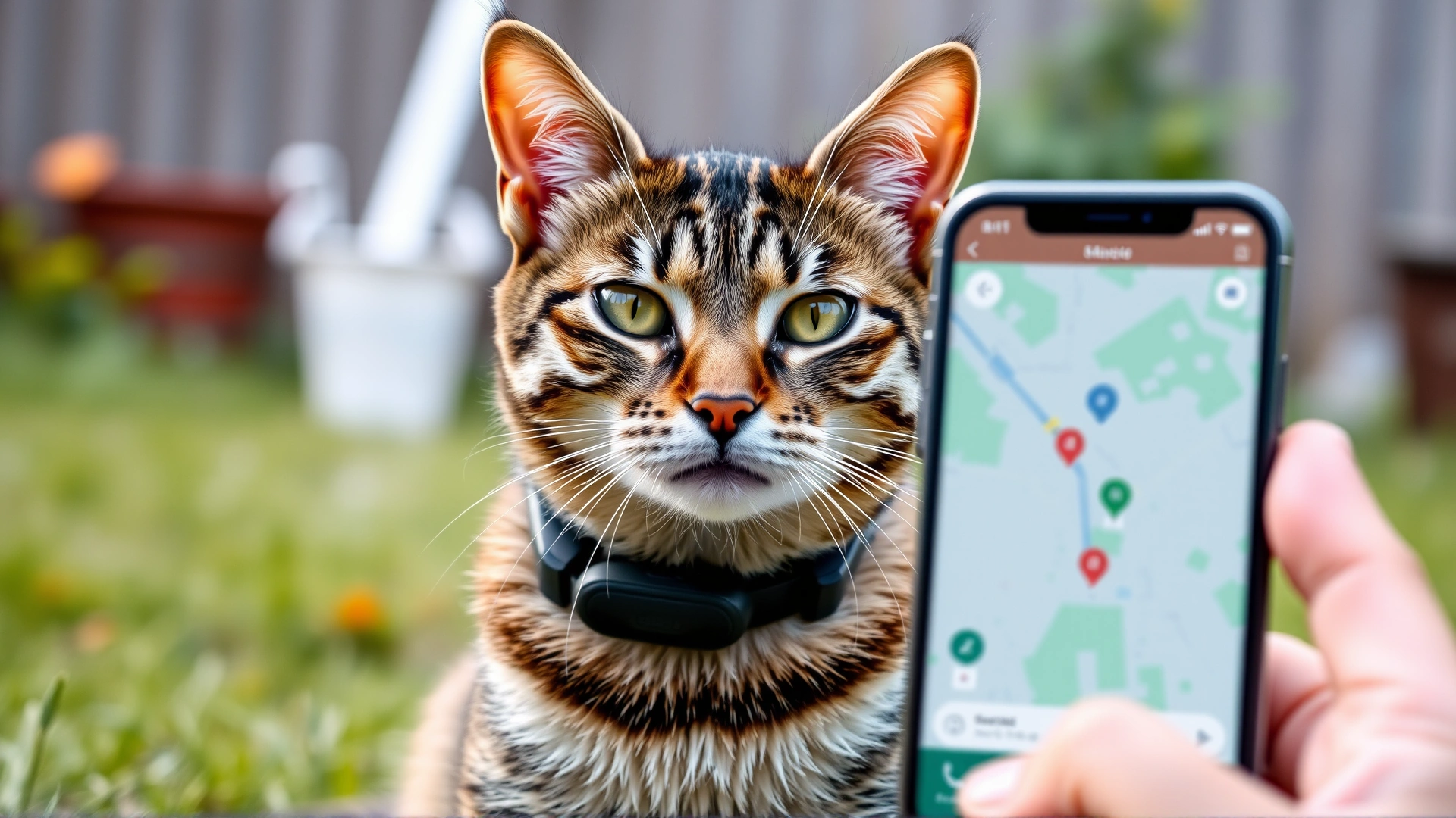 A tabby cat wearing a modern GPS tracking collar, sitting in a grassy backyard while a smartphone app showing a map is visible in the foreground (screen blurred).