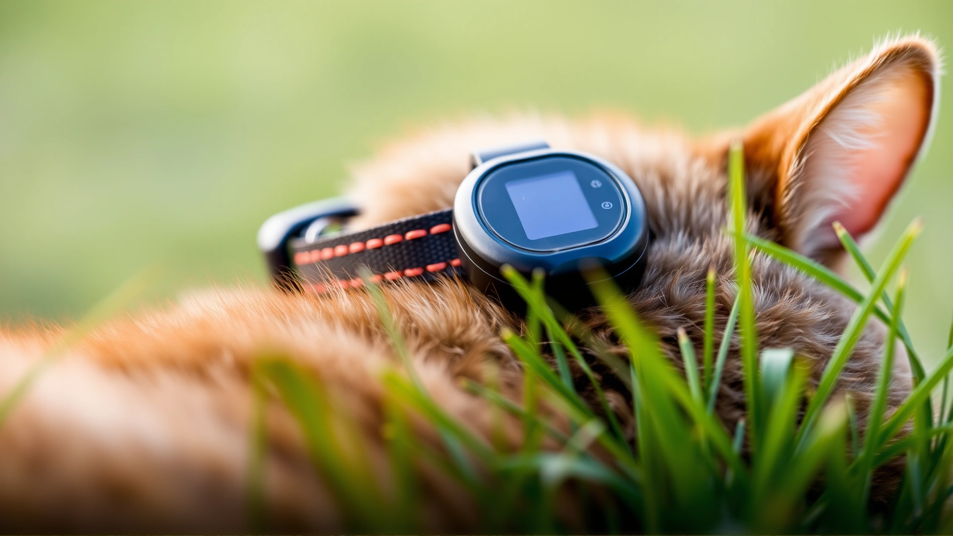 Macro shot focusing on a modern, waterproof GPS tracker attached to a cat’s reflective collar, with blurred grass background.