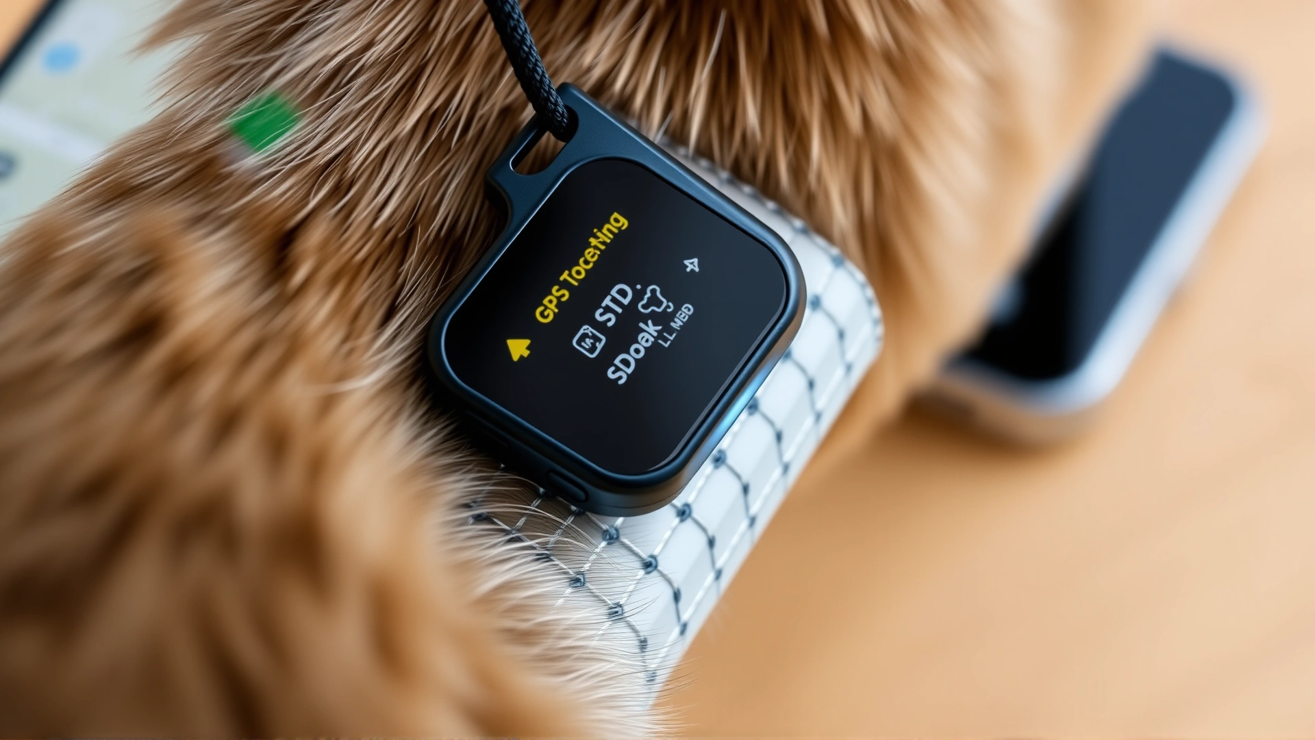 Close-up of a modern GPS tracker attached to a reflective dog collar, with a blurred map on smartphone screen in the background.