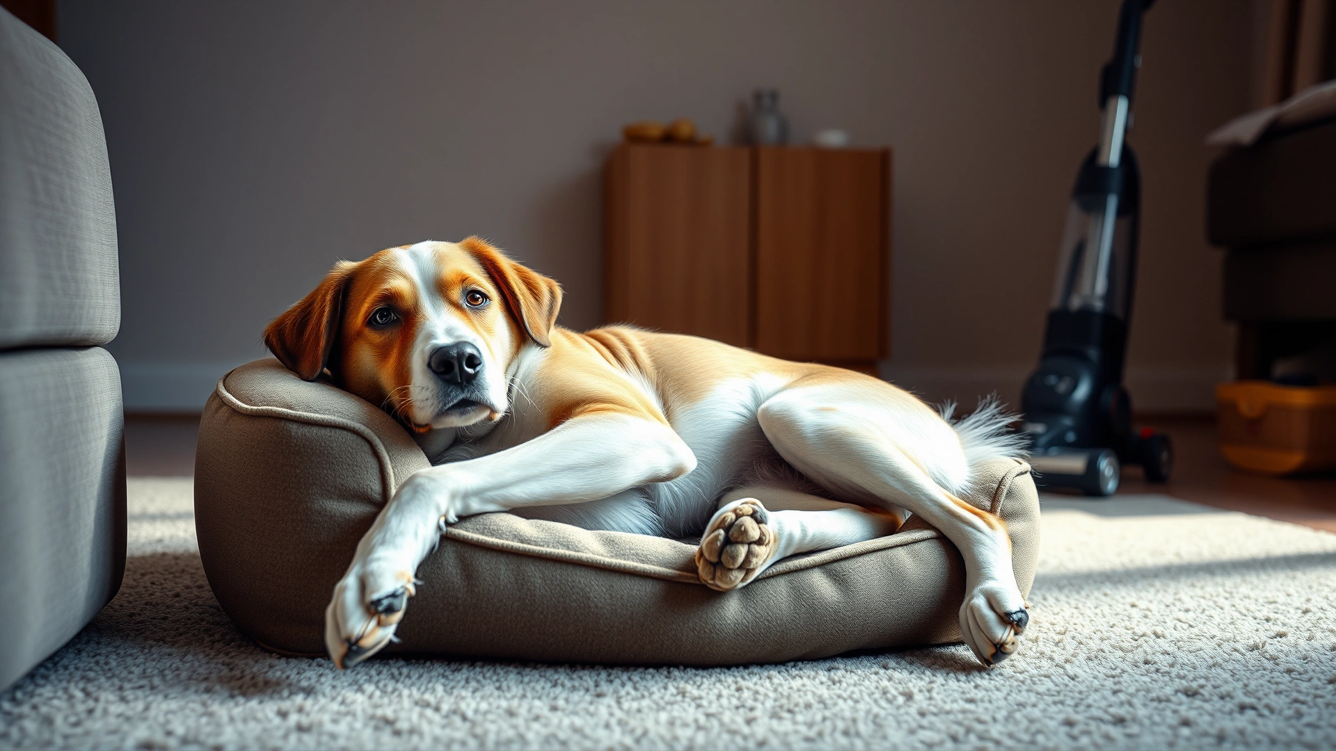 Relaxed dog lying on a comfy dog bed while a vacuum cleaner operates at a distance across the room. Calm, well-lit interior, no text.