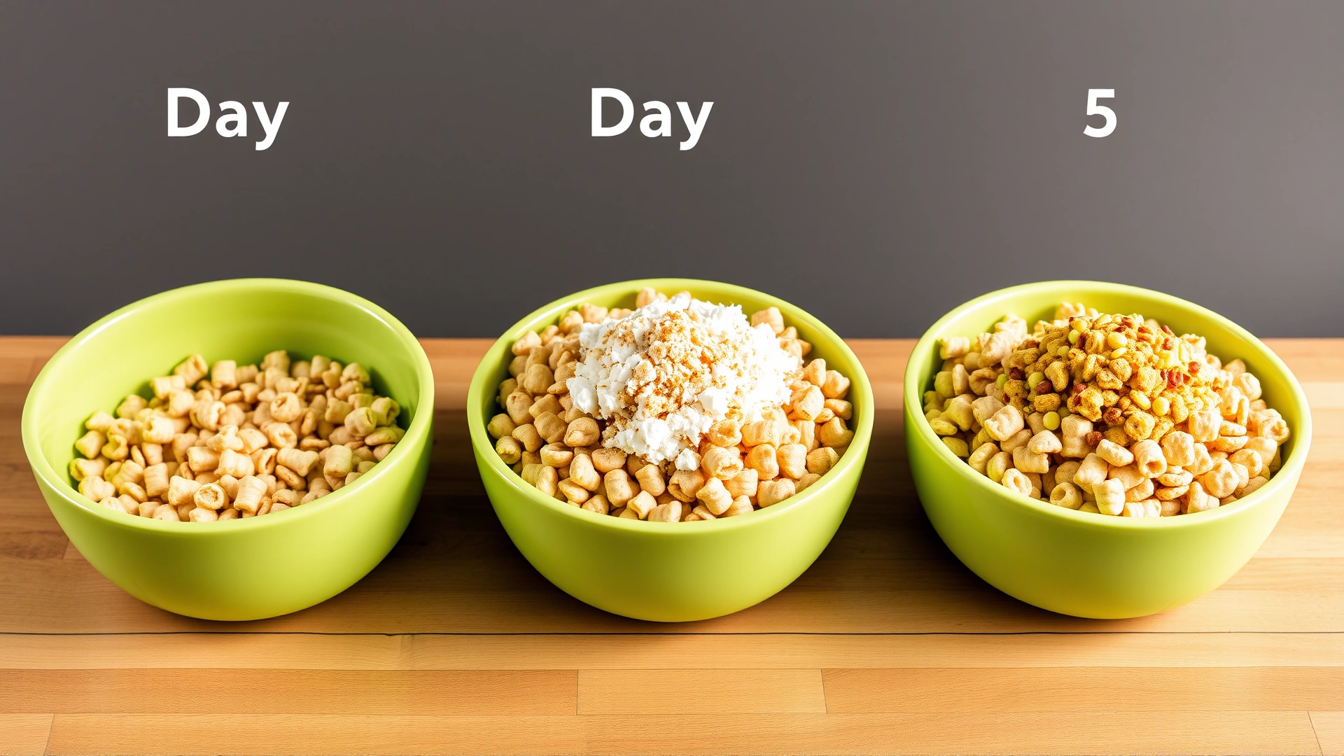 Timeline style image showing three bowls labeled Day 1, Day 3, Day 5 with increasing amounts of topper mixed into kibble.