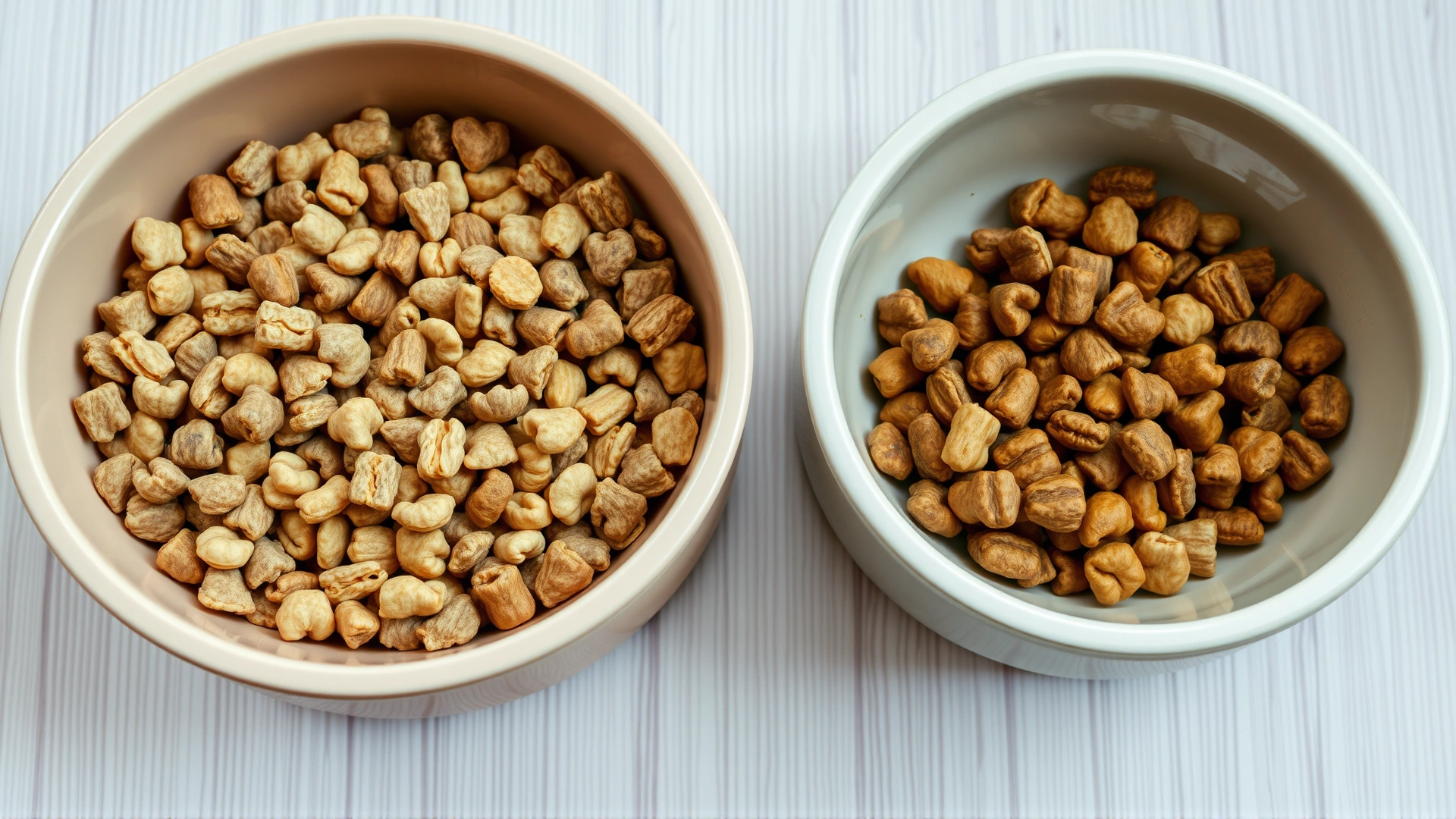 Two bowls side by side: one with a visible mix of old brown kibble and new lighter colored kibble, illustrating gradual food transition.
