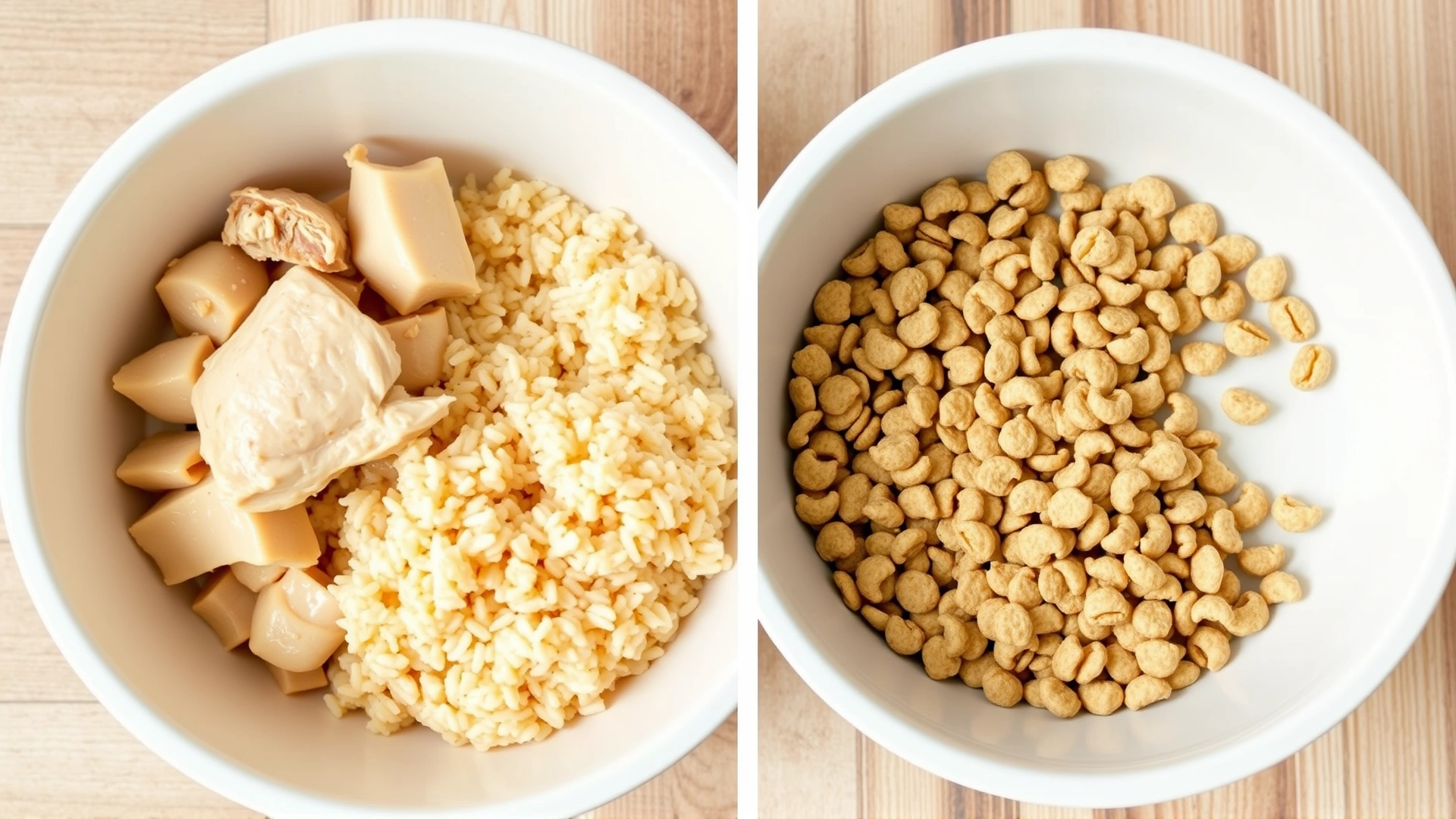 Side-by-side view of two dog bowls: one containing bland boiled chicken and rice, the other containing dry kibble; partial overlap of contents illustrates mixing for diet transition.