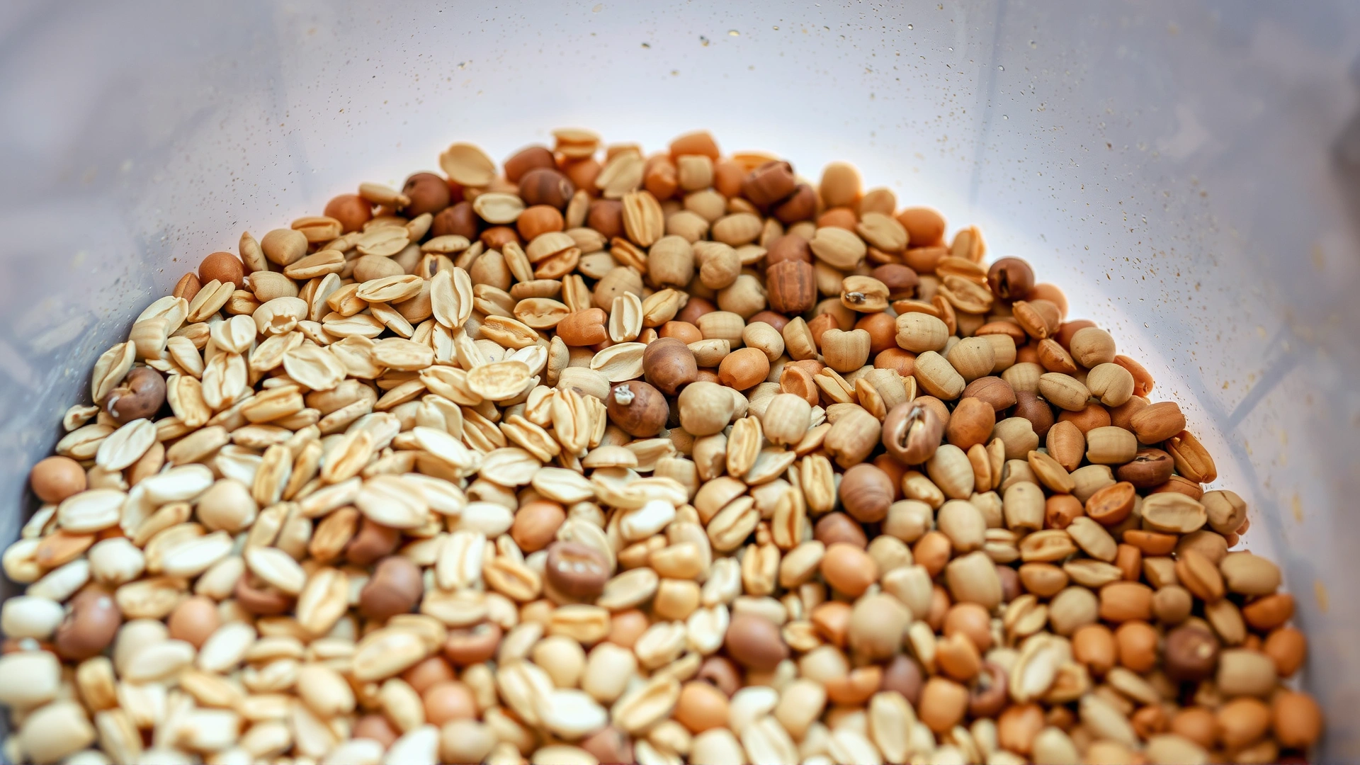 Close-up of a feed bucket filled with a mix of oats, barley, and commercial pellets, emphasizing variety.