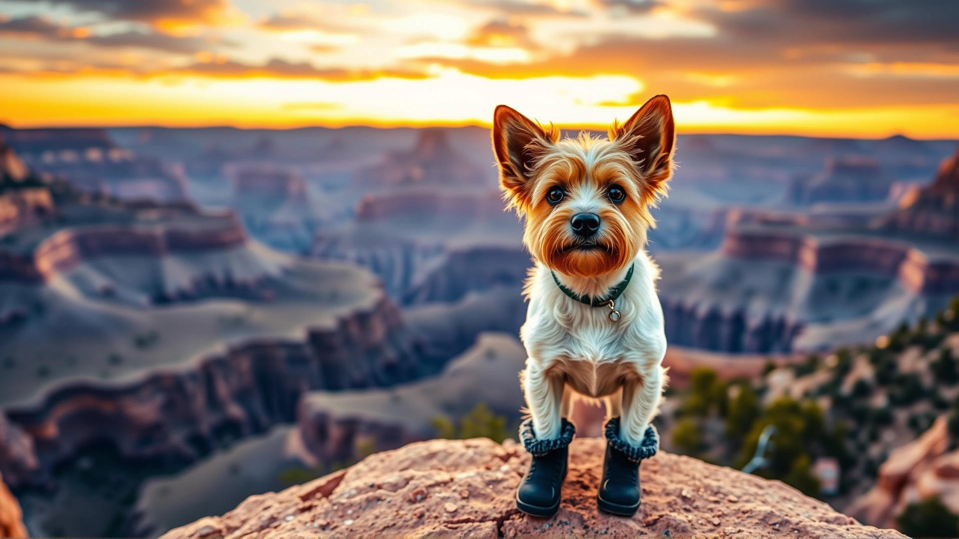 Small dog in booties standing at an overlook on the South Rim of the Grand Canyon at sunset.