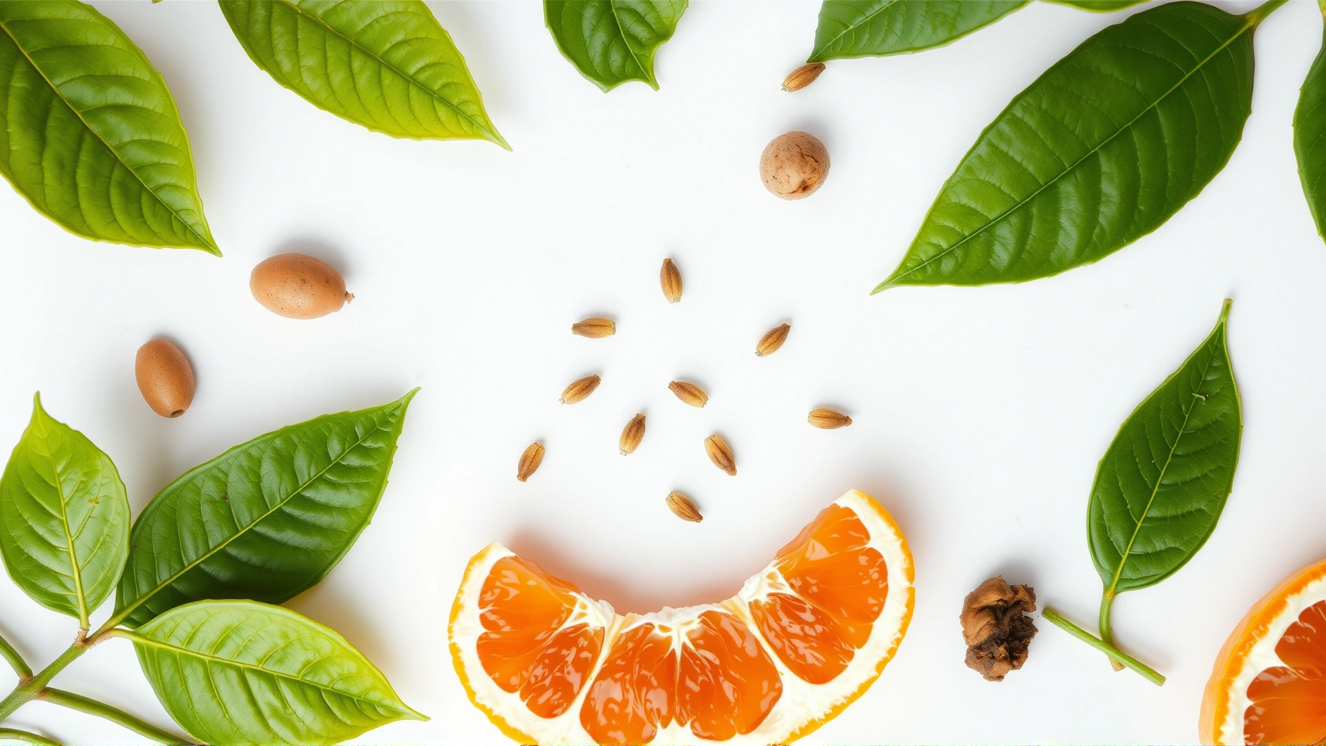 Studio shot of grapefruit peel, seeds, and leaves arranged on a white background to illustrate toxic parts