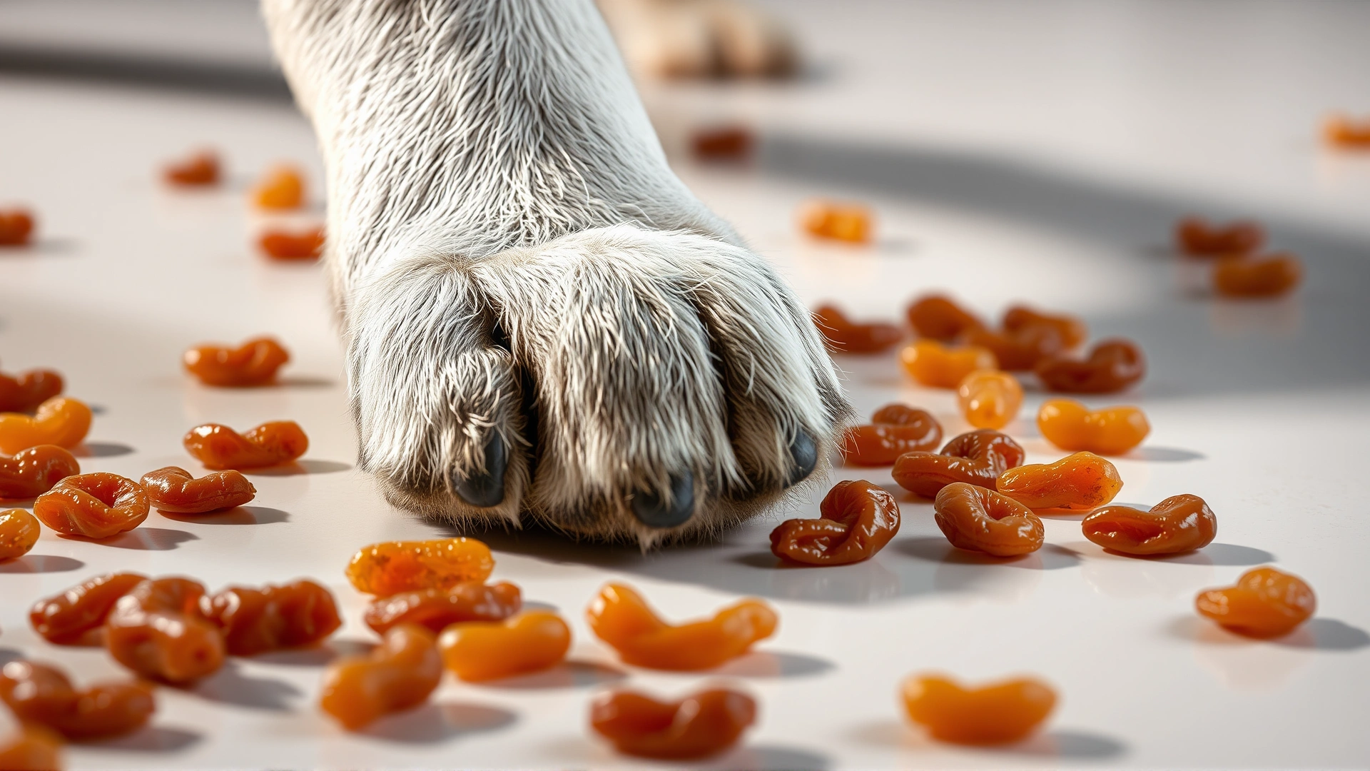 Close-up of a dog’s paw next to scattered raisins on a white tile floor, highlighting danger, dramatic lighting