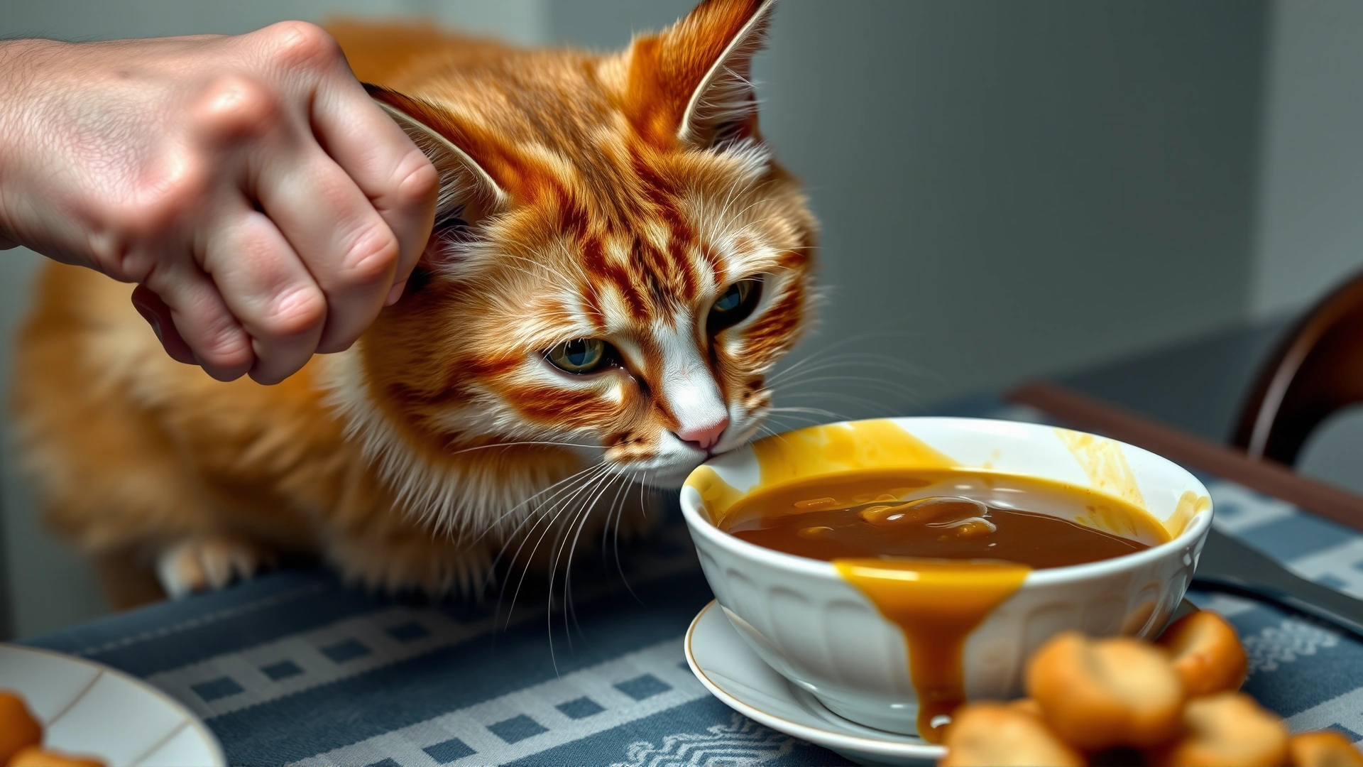 Cat sniffing a bowl of thick turkey gravy on a dinner table while an owner’s hand gently pulls the bowl away
