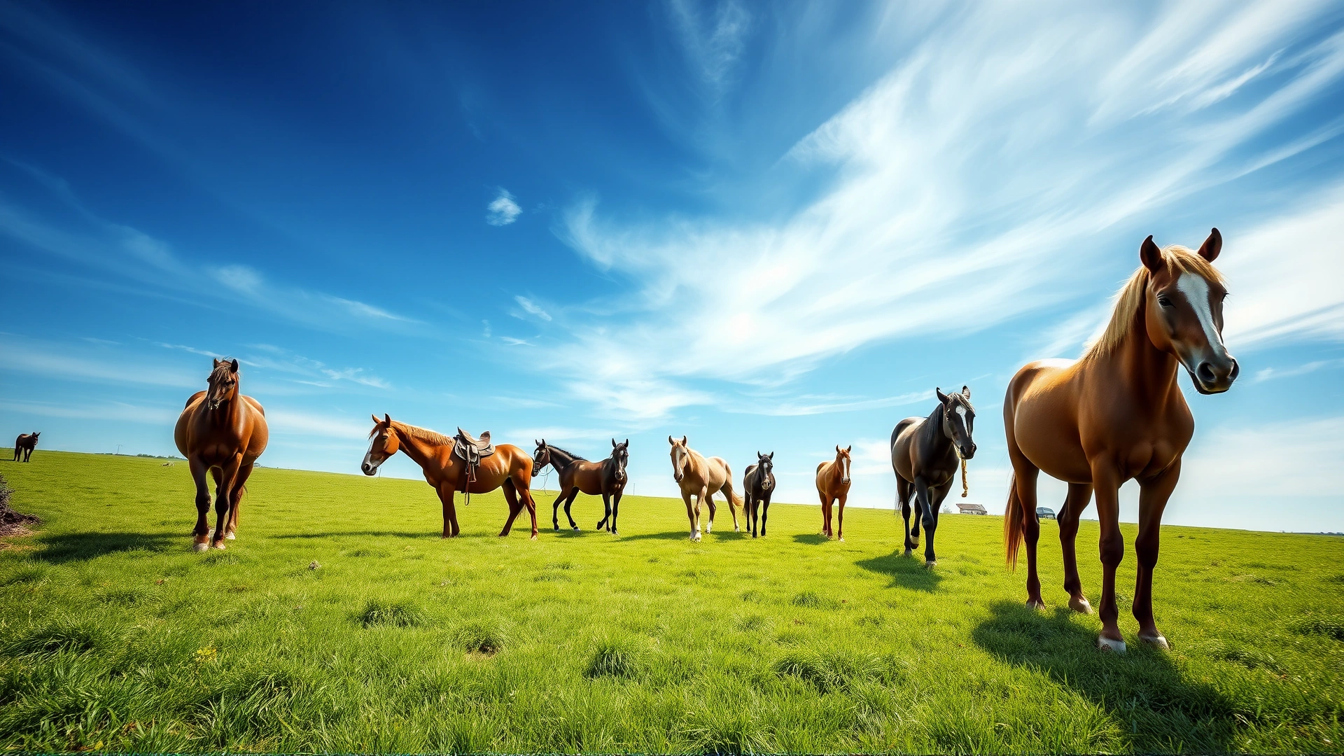 A wide shot of a group of horses peacefully grazing on lush green pasture under a blue sky.