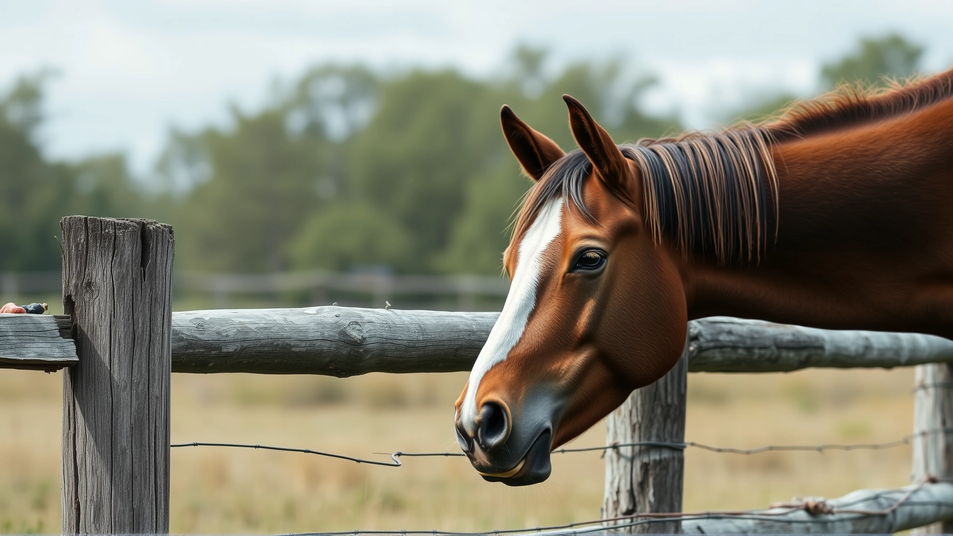 Horse grazing near an old wooden fence with chipped lead-based paint, illustrating environmental exposure risk