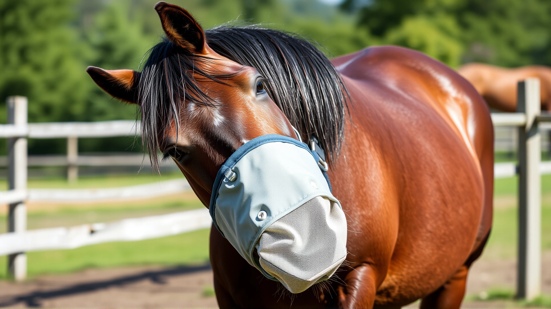 Horse wearing a well-fitted grazing muzzle while grazing in a paddock, clear focus, no text.