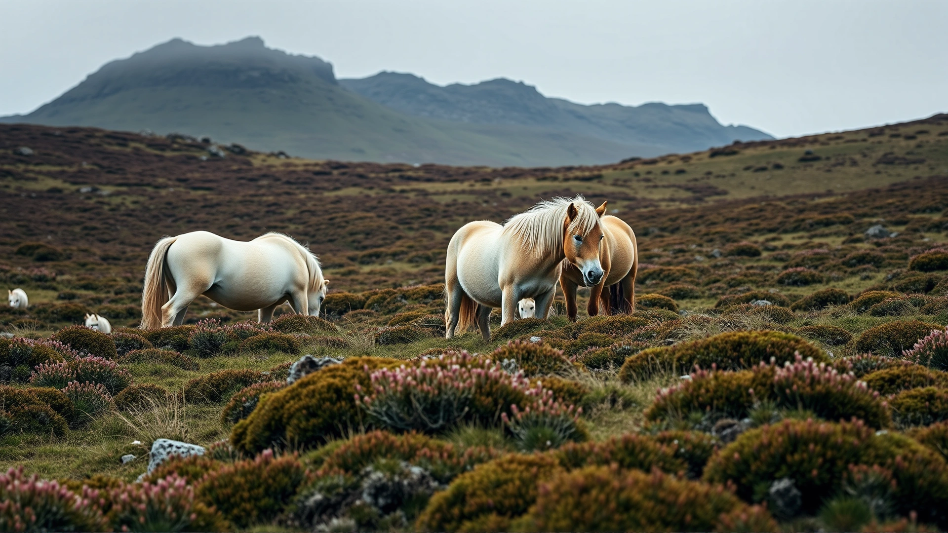 Group of three Eriskay ponies grazing on rugged Scottish moorland covered with heather and rocky outcrops, overcast daylight, wide shot, no people.