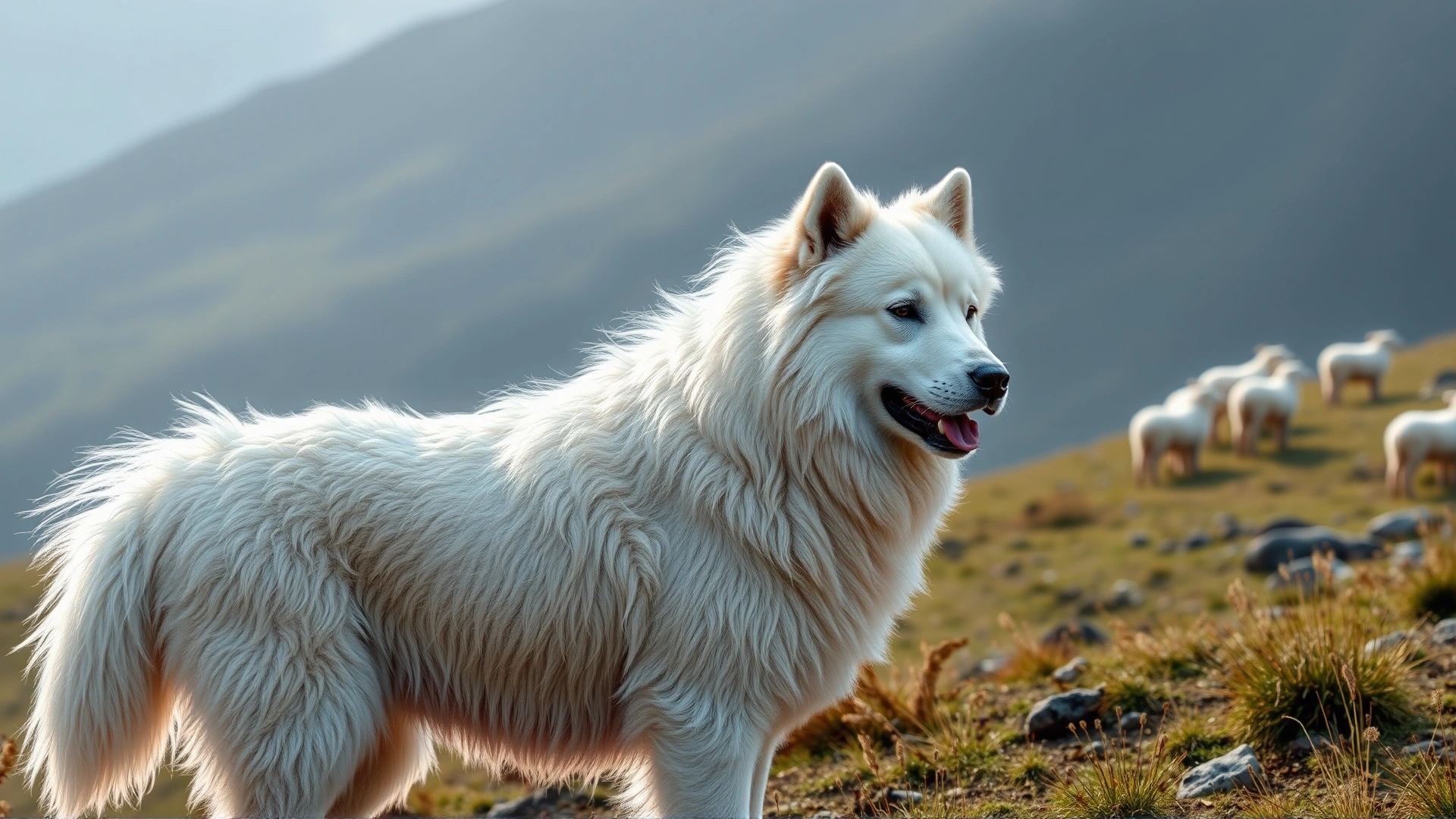 A majestic Great Pyrenees standing guard on a hillside with sheep in the distance