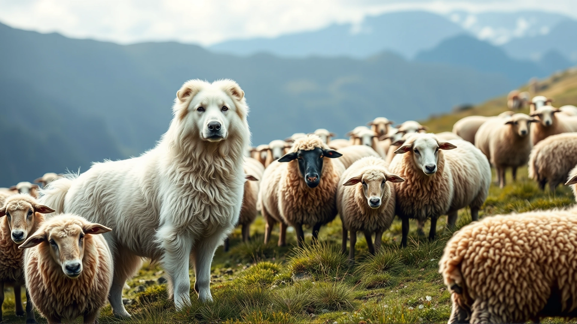 A Great Pyrenees standing guard among a flock of sheep on a mountain pasture.
