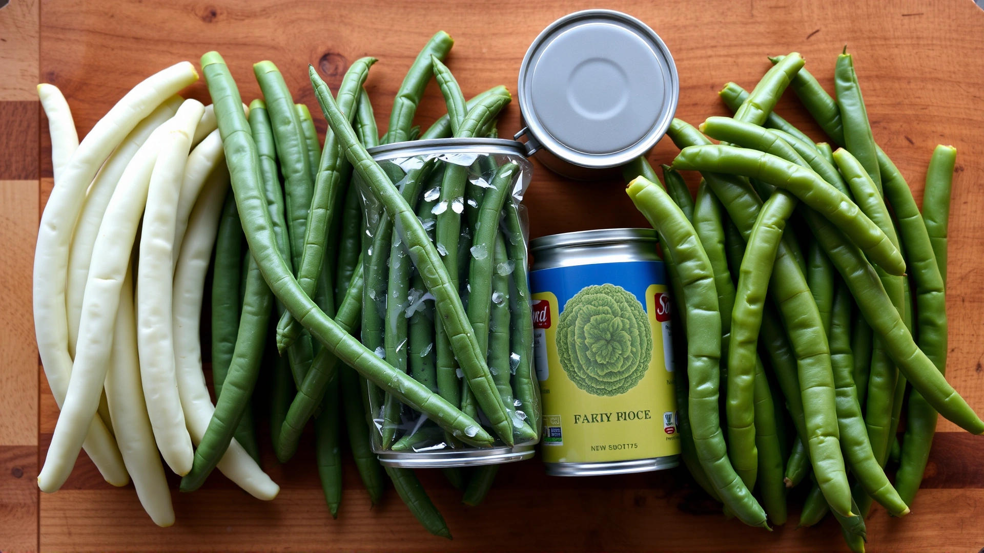 Top-down view of different presentations of green beans (raw, steamed, frozen, canned) neatly arranged on a wooden cutting board.