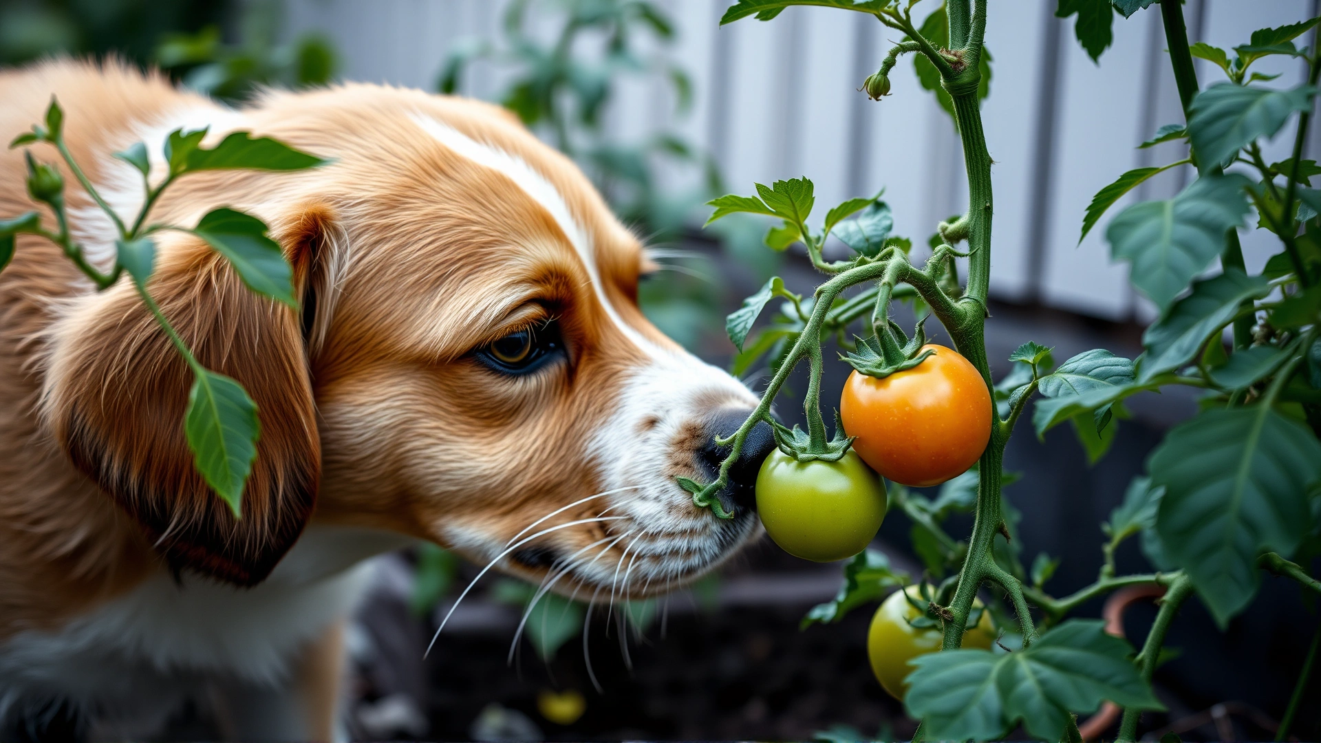 Curious dog sniffing unripe green tomatoes still attached to the plant, garden setting, caution vibe