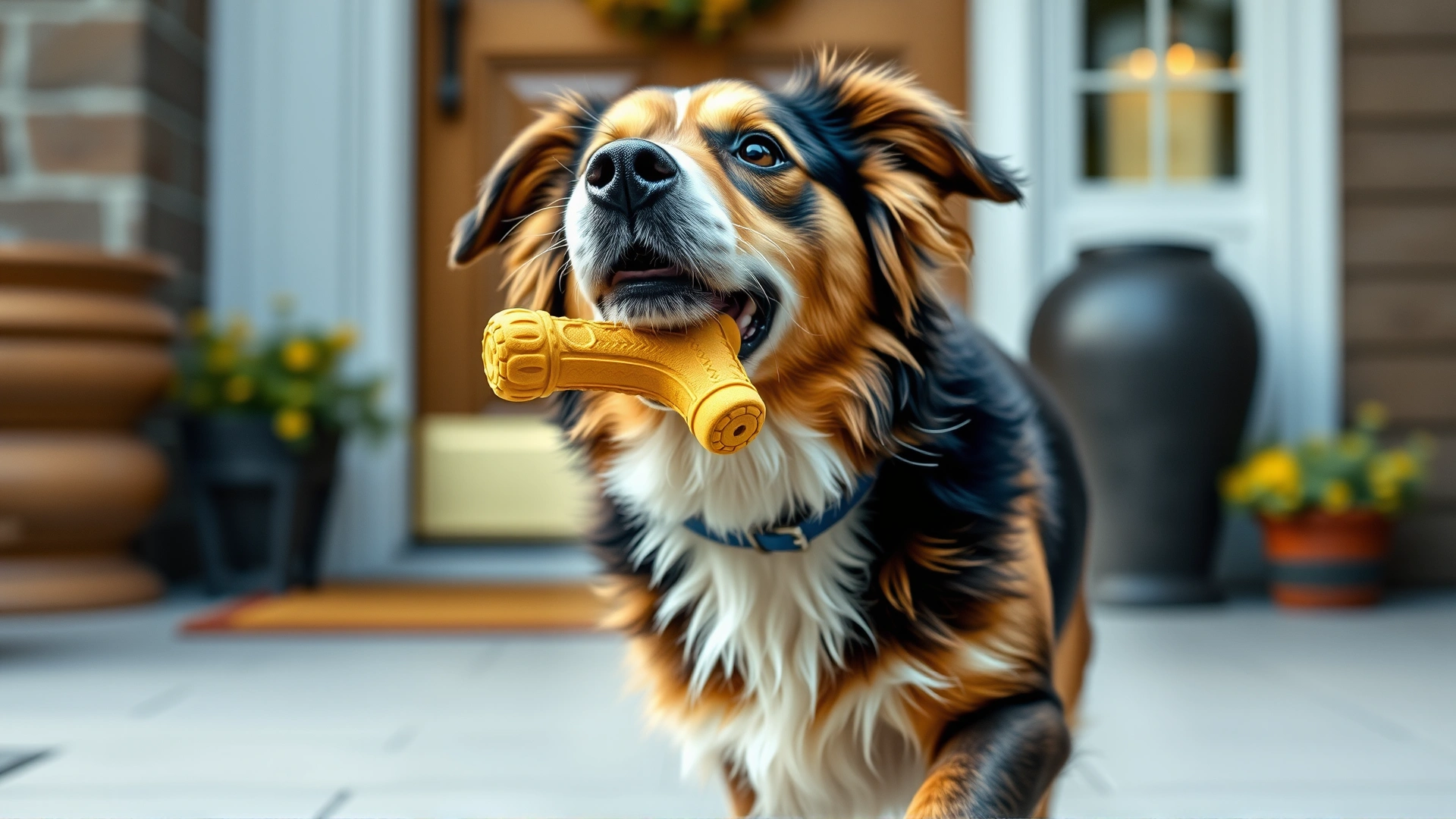 Dog joyfully approaching its owner at the front door with a chew toy in its mouth.