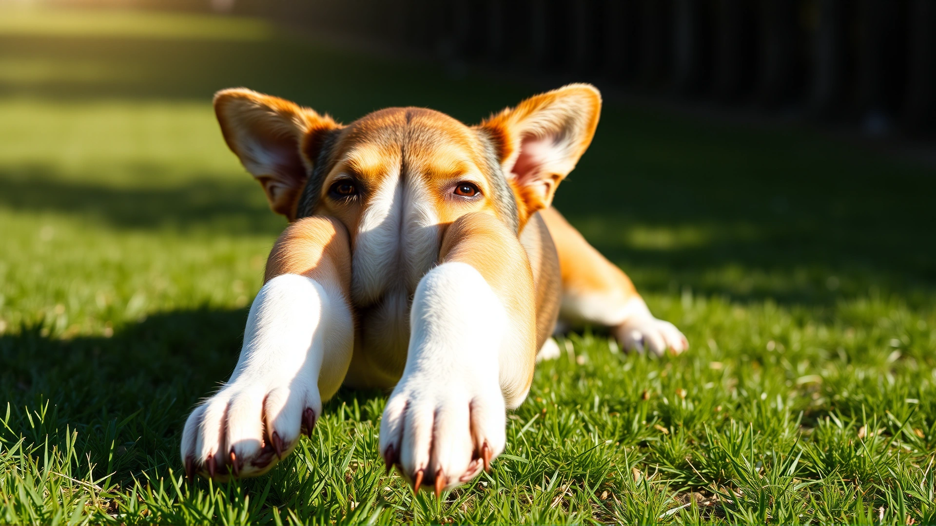 Close-up of medium-sized dog performing greeting stretch outdoors on grass, focus on front paws and extended back, sunshine