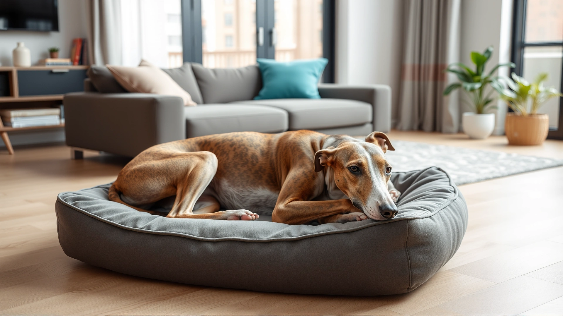 A relaxed Greyhound lying on a comfortable dog bed in a modern apartment