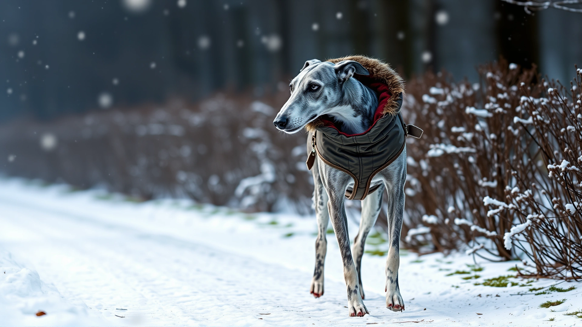A greyhound wearing a stylish winter coat while walking on a snowy path with soft snowfall around.
