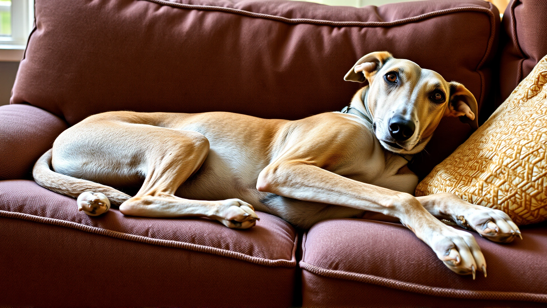 Adult Greyhound lounging comfortably on a plush couch, illustrating its calm indoor nature.