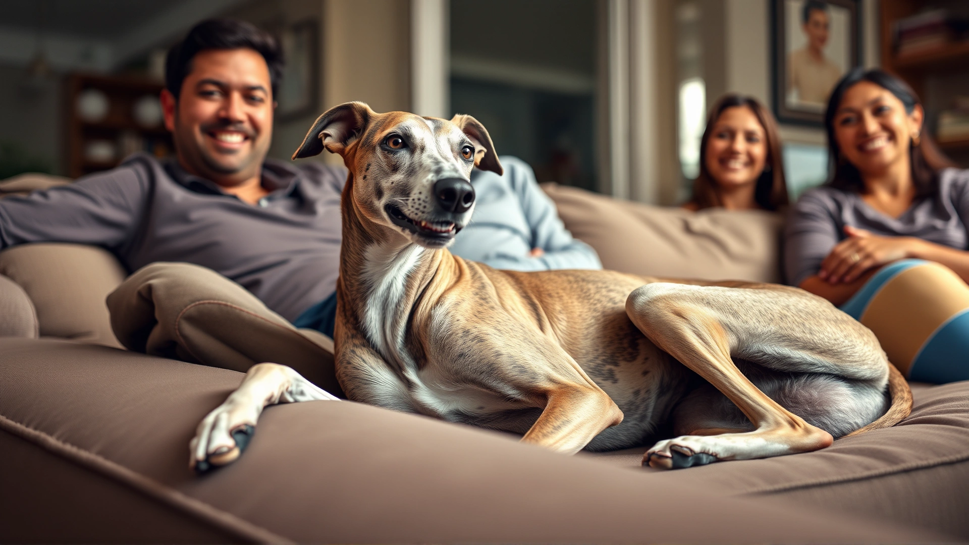 A greyhound lounging comfortably on a living room couch next to a smiling family, warm home atmosphere.