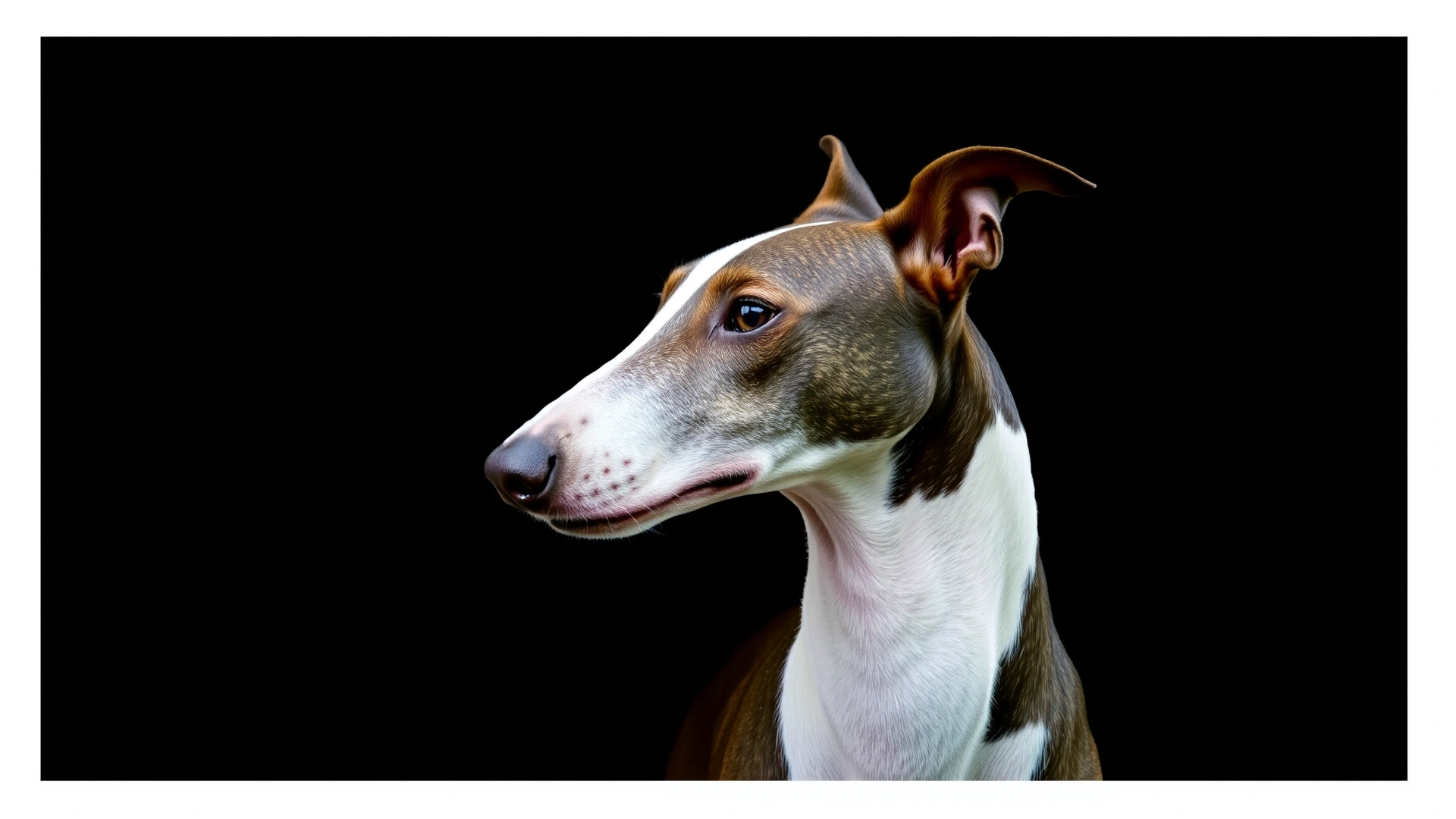 Side profile of a Greyhound against a dark background, highlighting its aerodynamic head shape.