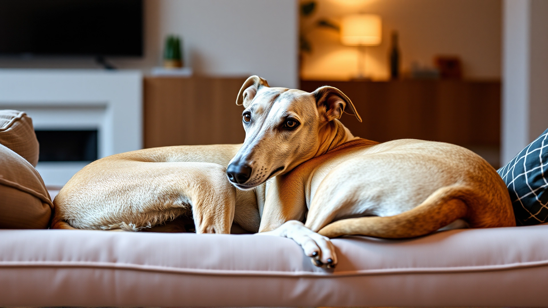 Greyhound curled up comfortably on a modern living room couch, neutral color palette, soft ambient lighting