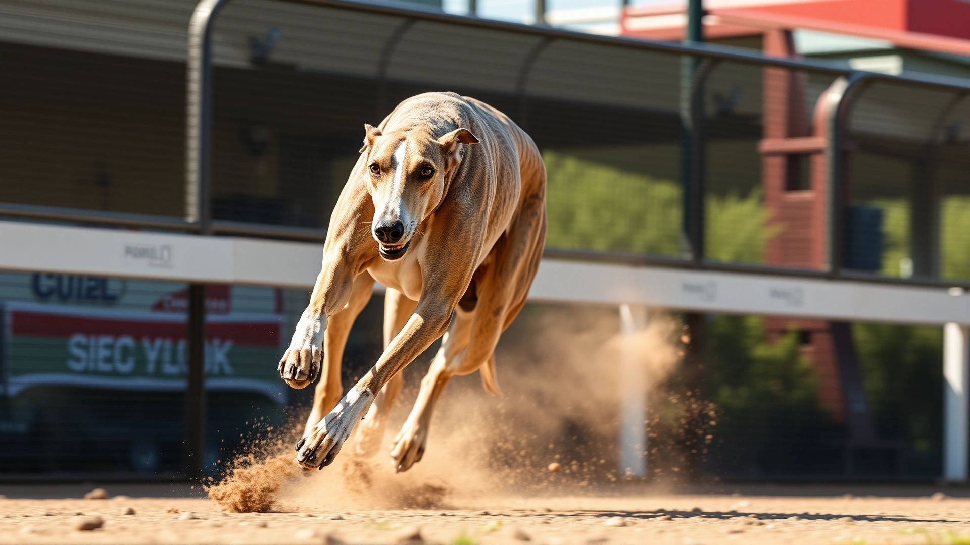 Close-up action shot of a greyhound sprinting at full speed on a secure fenced track, dust kicking up behind its paws.