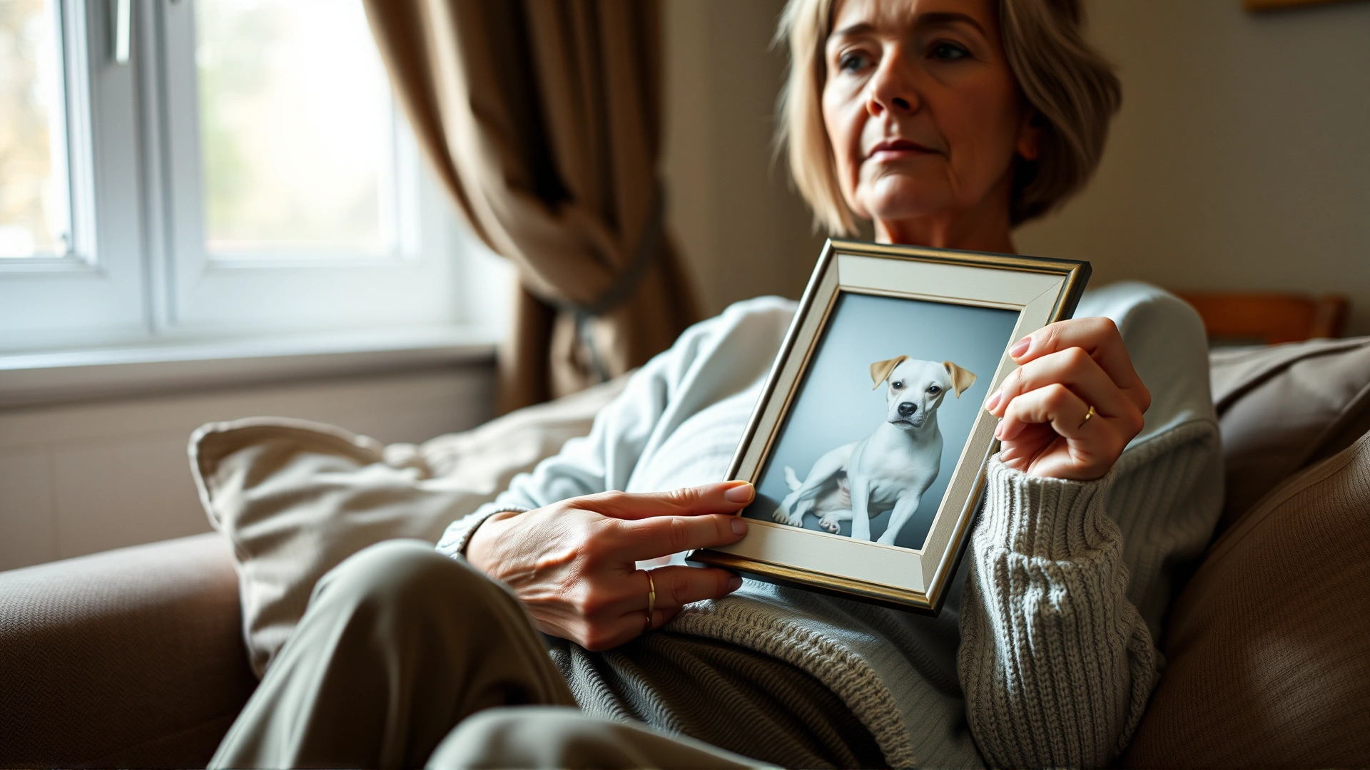 A person holding a framed photo of their late pet while sitting on a couch, soft natural light creating a reflective mood.