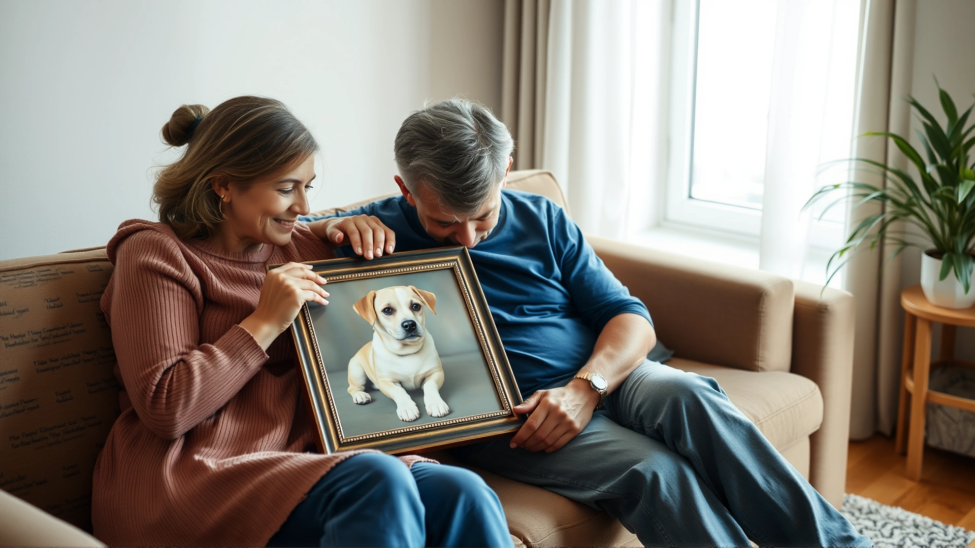 Family of three sitting on a couch, holding a framed photo of their late pet, comforting one another with soft natural light coming through a window.