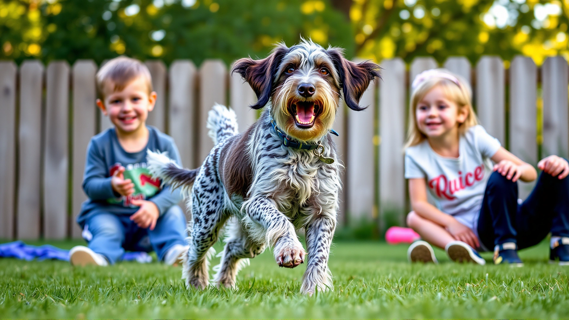 Wirehaired Pointing Griffon joyfully playing fetch with two smiling children in a fenced backyard.