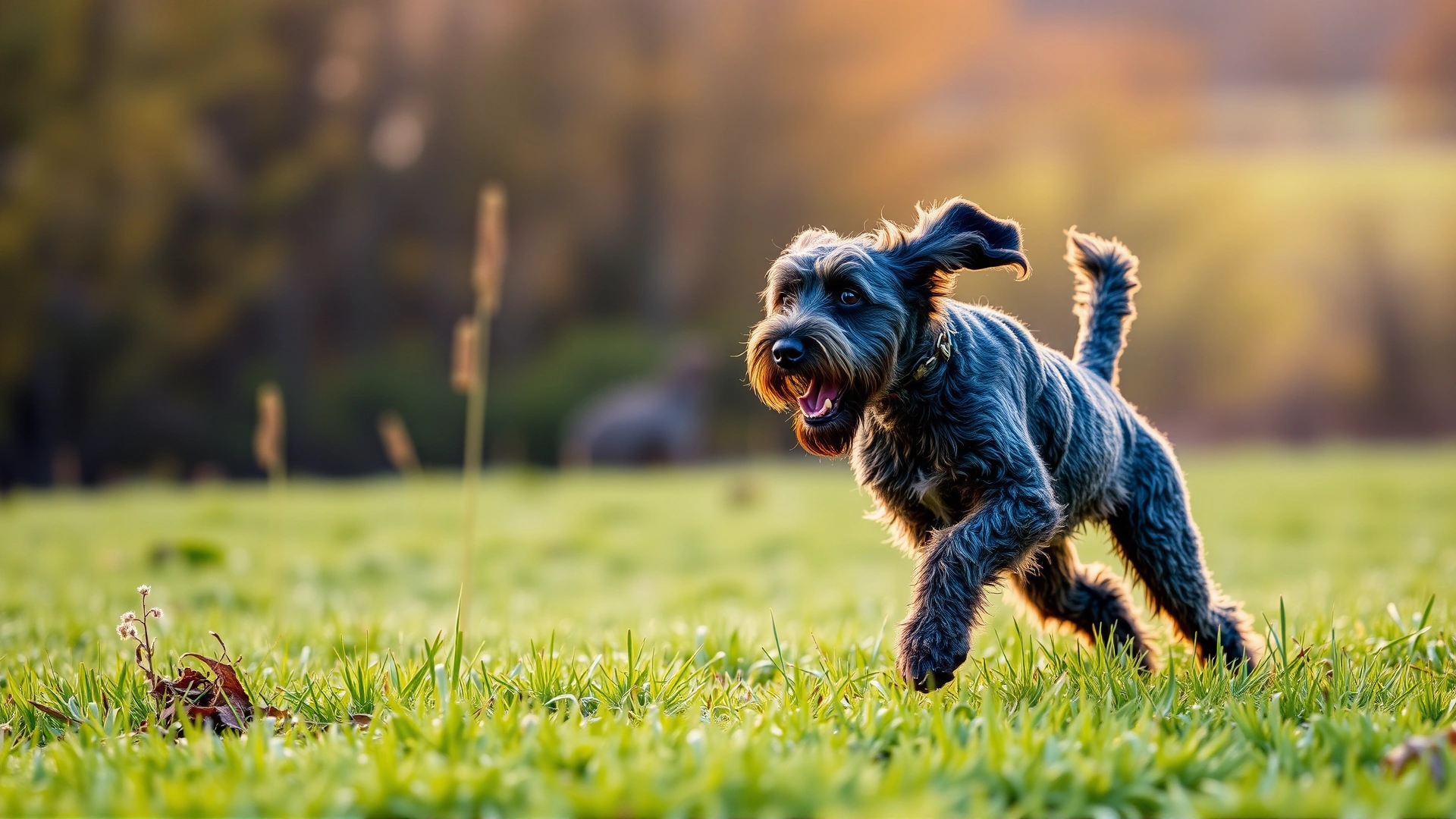 Adult Wirehaired Pointing Griffon running through a lush green field during golden hour, showcasing its athletic build and wiry coat.