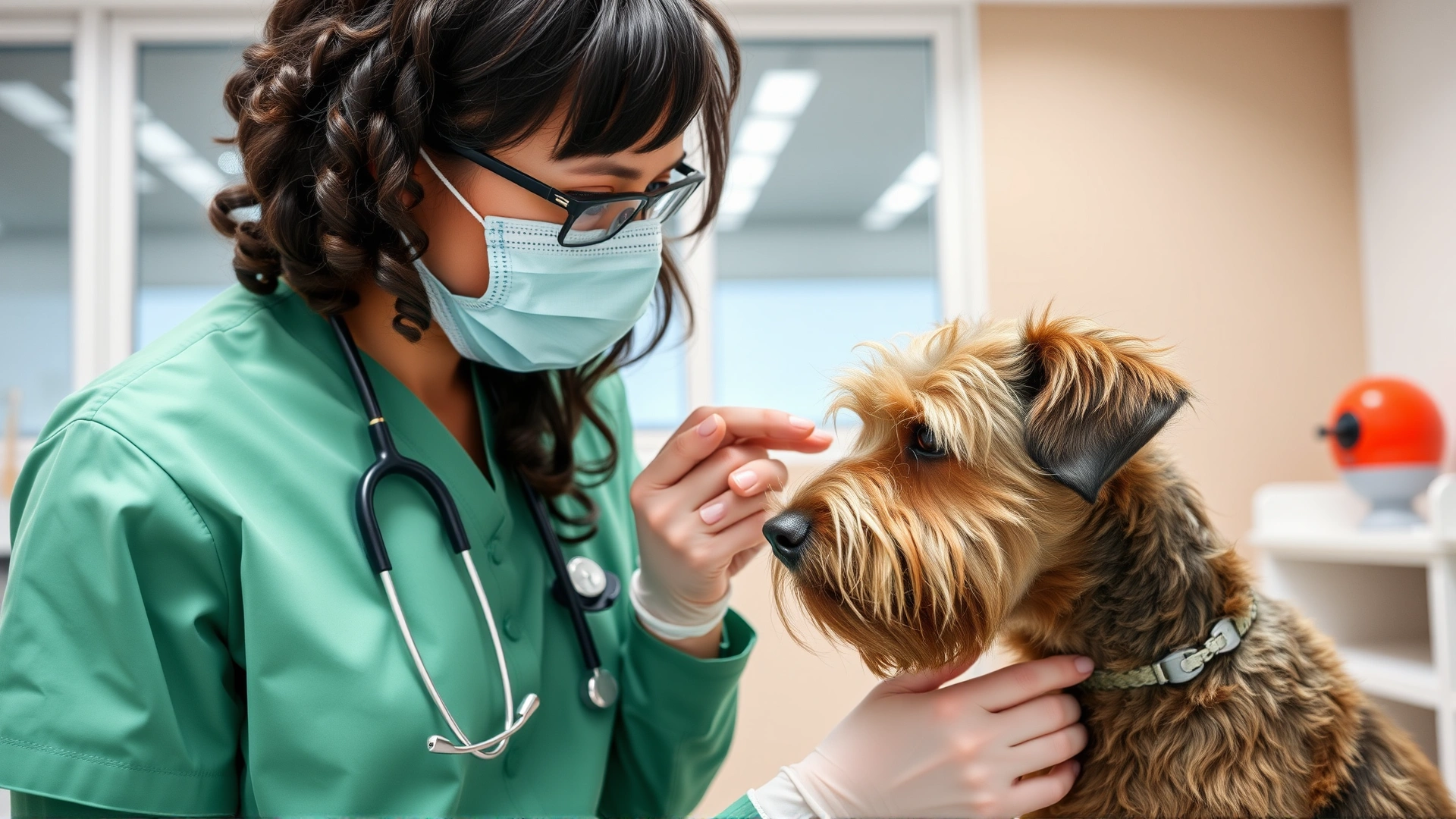 Veterinarian gently examining the ear of a calm Wirehaired Pointing Griffon in a modern clinic.