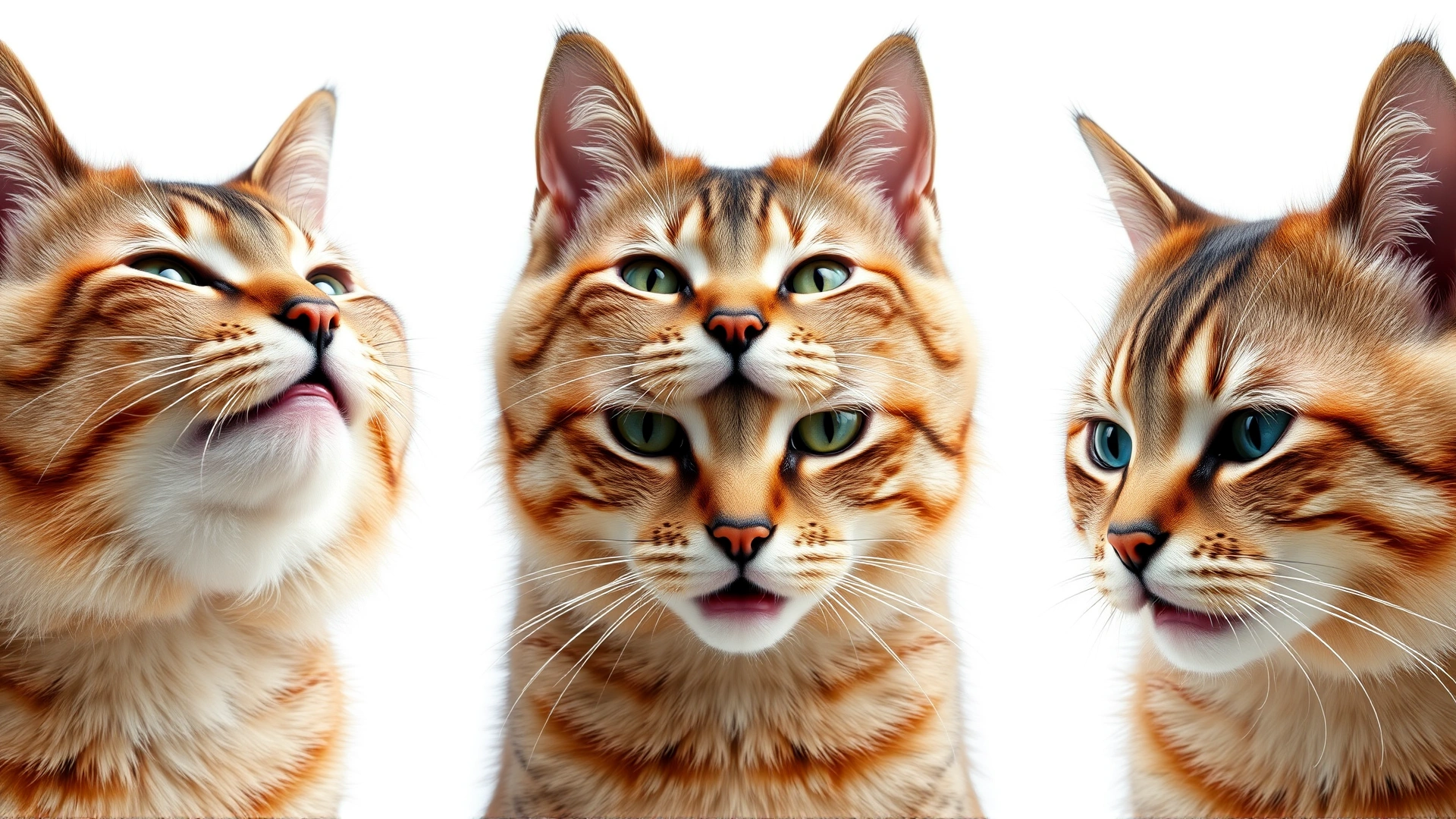 Five high-resolution headshots of the same cat showing different facial expressions from relaxed to painful, isolated on a plain white background; no text or overlays.