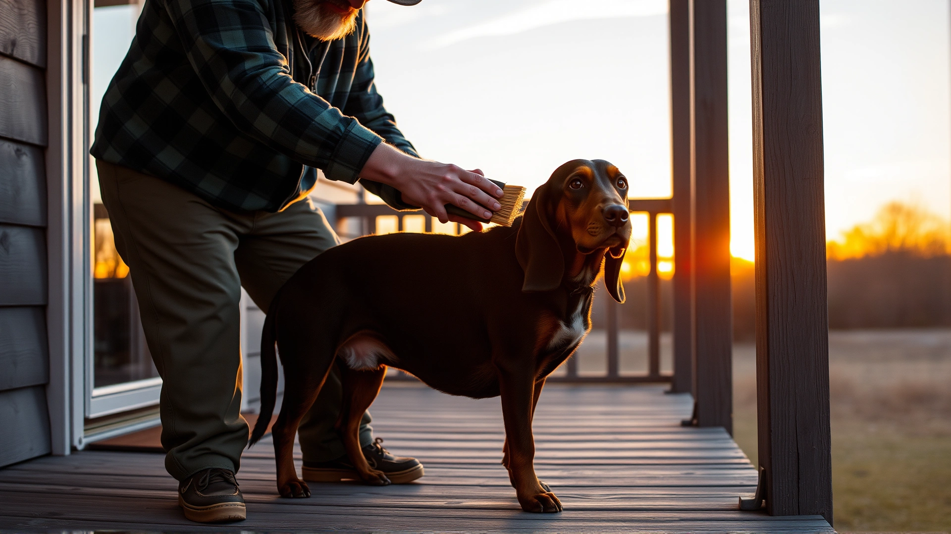 Owner brushing the short coarse coat of an adult American English Coonhound on a wooden porch during sunset