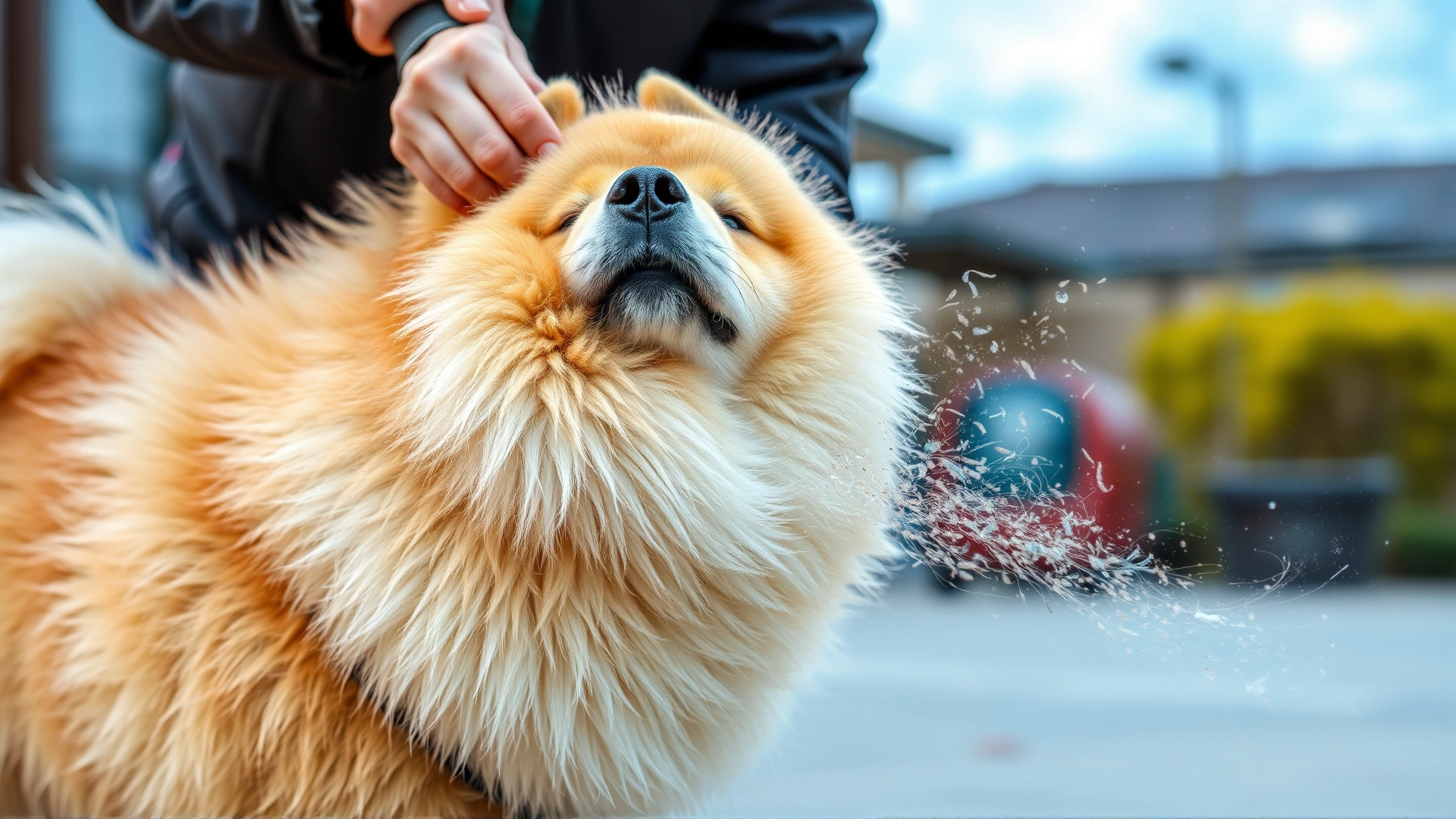 A Korean Jindo dog being brushed outdoors during shedding season, visible loose fur flying as the owner uses a slicker brush.