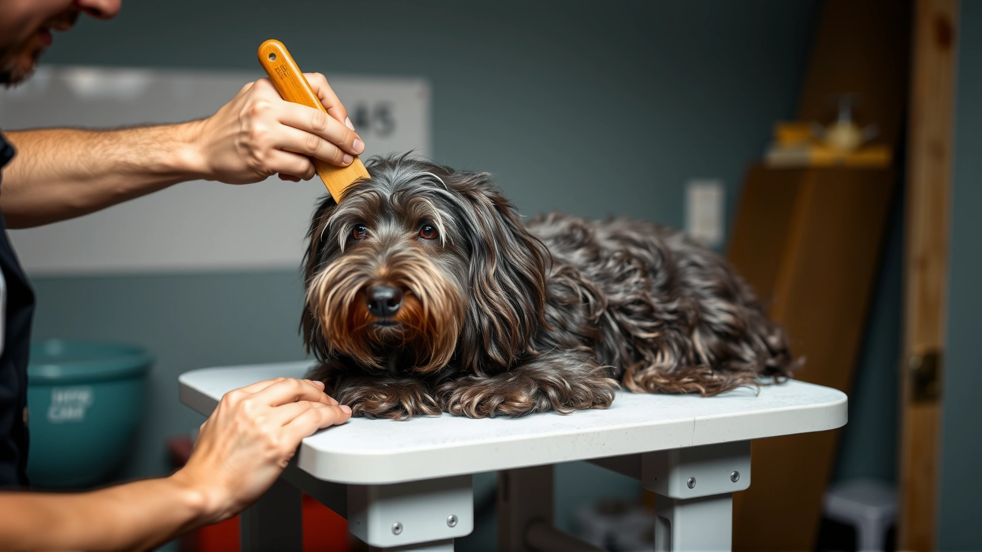 Owner brushing a Pudelpointer's wiry coat on a grooming table with loose hairs visible