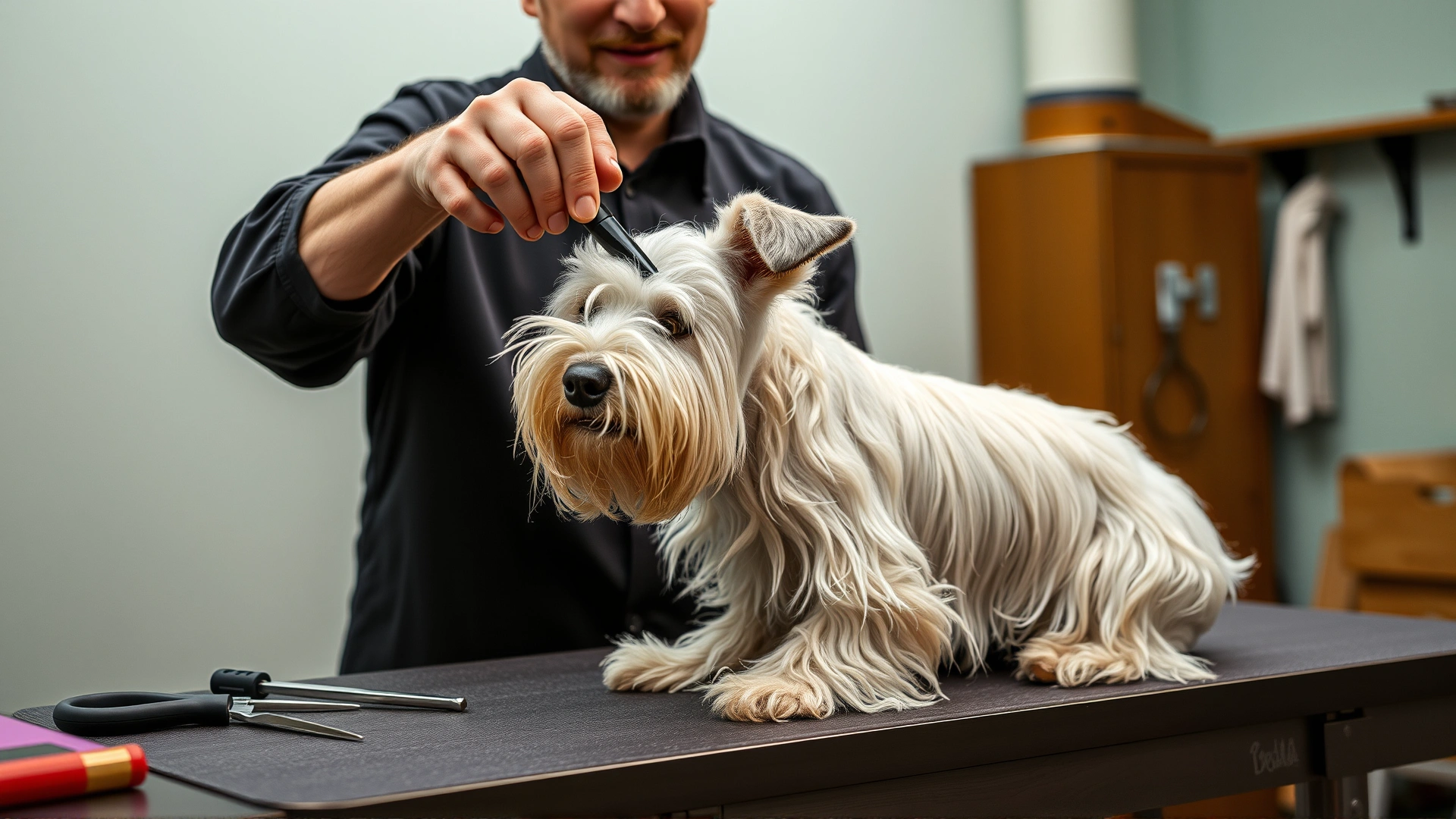 Owner brushing a Sealyham Terrier's wiry coat on a grooming table, with grooming tools visible.
