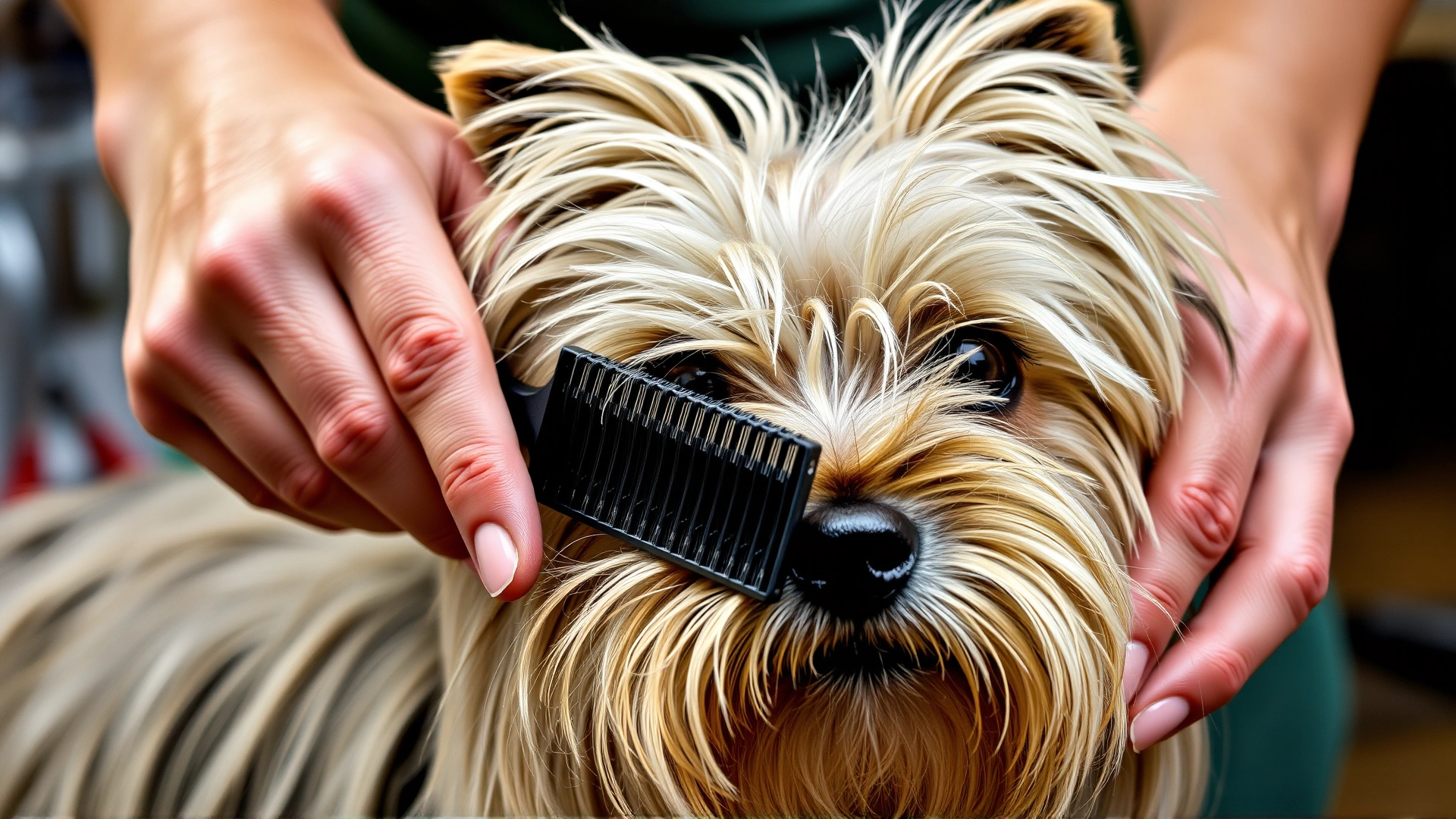 Close-up image of hands gently brushing the long double coat of a Skye Terrier, grooming tools visible in the background.