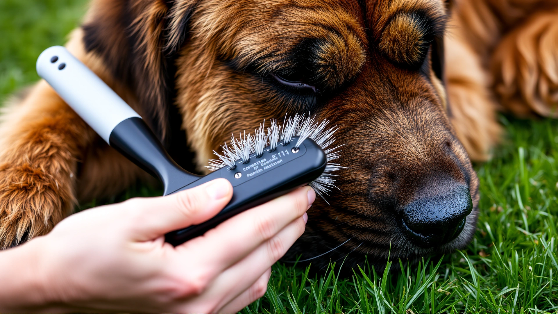 Close-up of hands brushing the thick double coat of a Spanish Mastiff outside on green grass, detailed fur texture, high-resolution