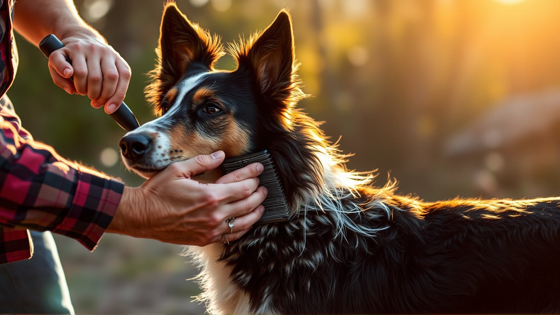 Owner brushing a Texas Heeler's double coat outdoors, visible shedding fur, warm sunlight