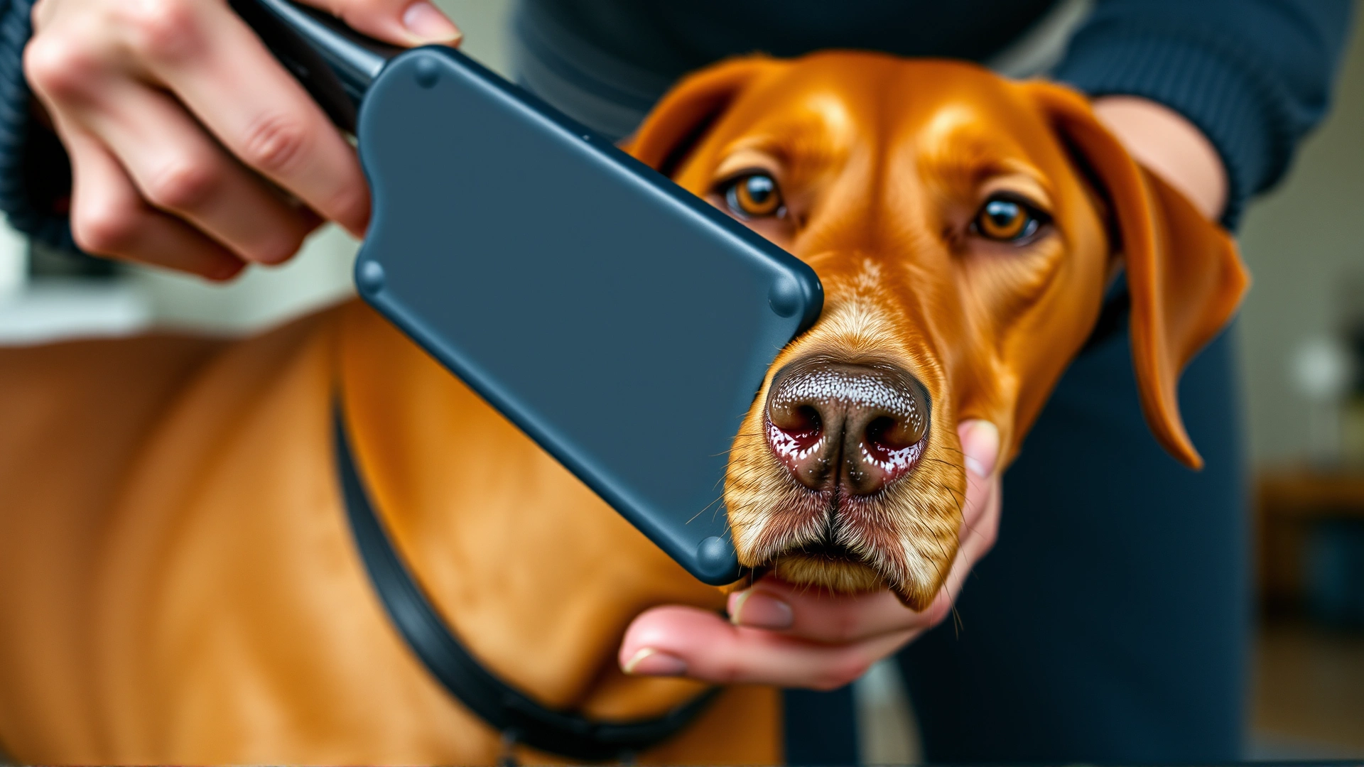 Close-up of an owner brushing a Vizsla's short coat using a rubber grooming mitt, indoor setting