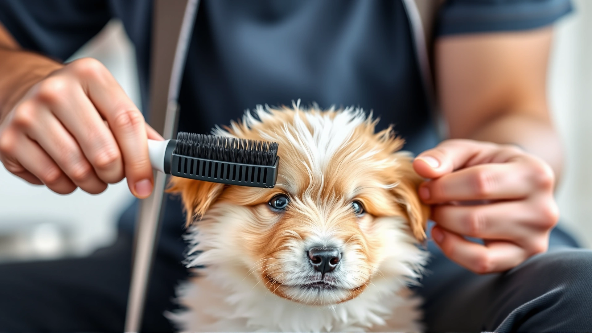 Owner brushing a fluffy puppy’s coat with a slicker brush, fur close-up, calm puppy