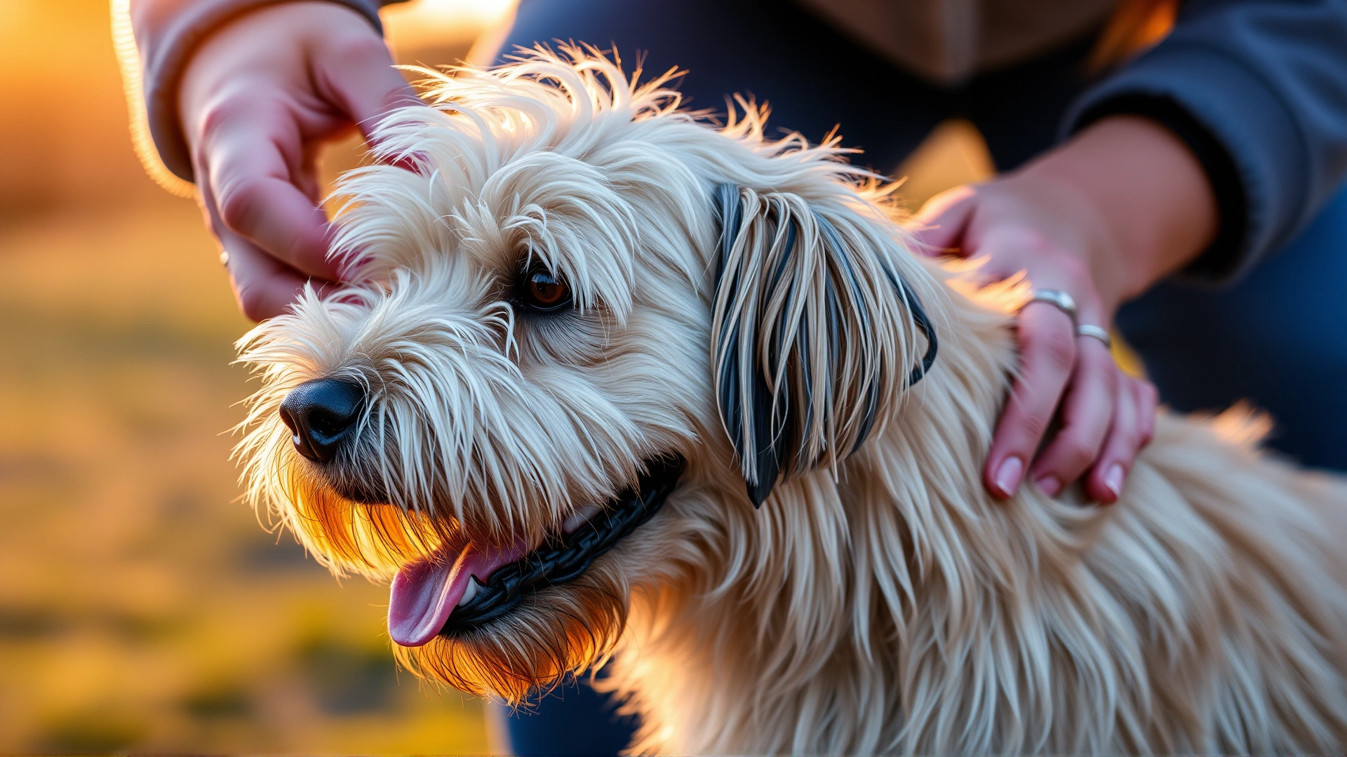 Dog owner gently brushing a medium-haired dog outdoors during golden hour.