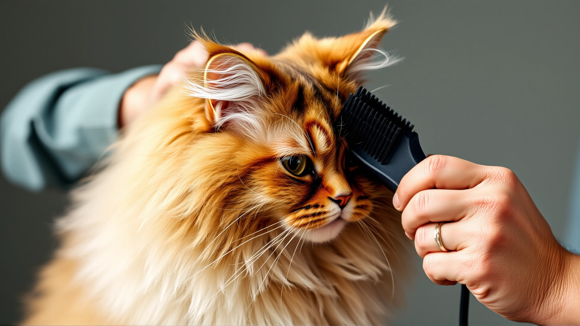 Owner brushing the long-haired coat of an American Curl cat with a soft slicker brush